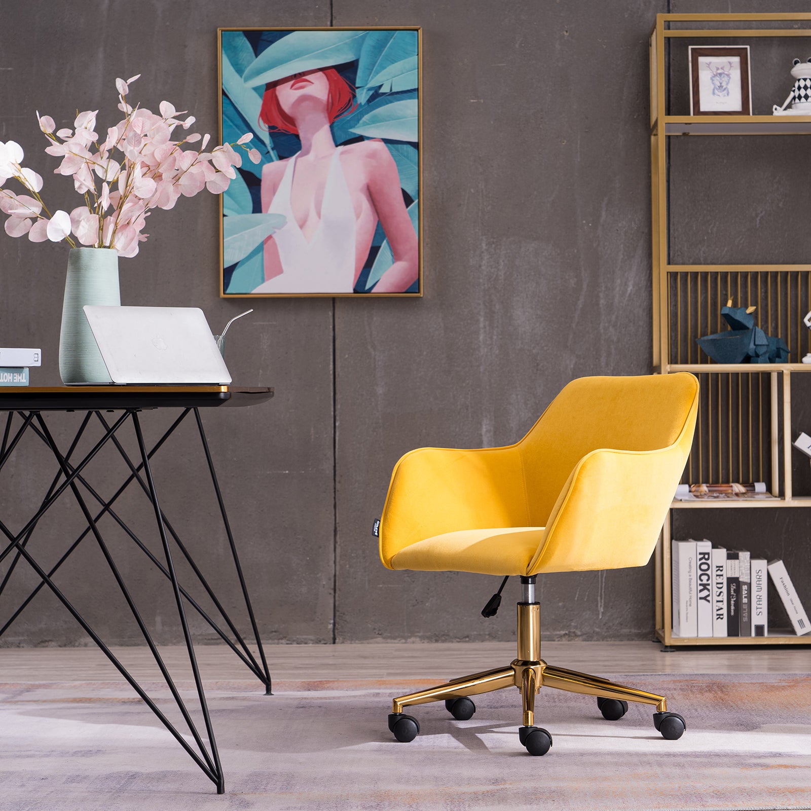 Modern Velvet Fabric Material Adjustable Height 360 Revolving Home Office Chair With Gold Metal Legs And Universal Wheels For Indoor,Yellow Yellow Foam Velvet