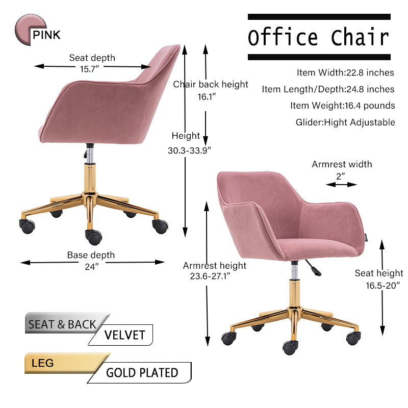 Modern Velvet Fabric Material Adjustable Height 360 Revolving Home Office Chair With Gold Metal Legs And Universal Wheels For Indoor,Pink Pink Foam Velvet