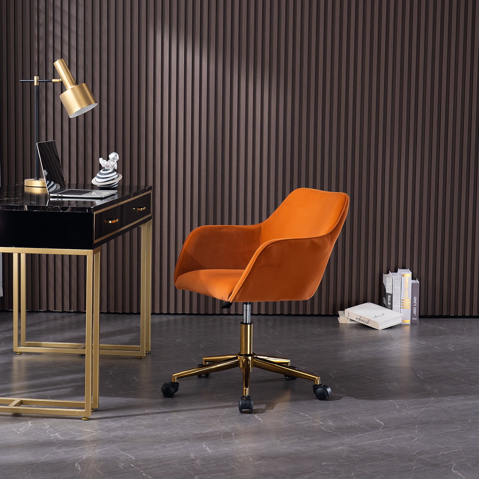 Modern Velvet Fabric Material Adjustable Height 360 Revolving Home Office Chair With Gold Metal Legs And Universal Wheels For Indoor,Orange Orange Foam Velvet