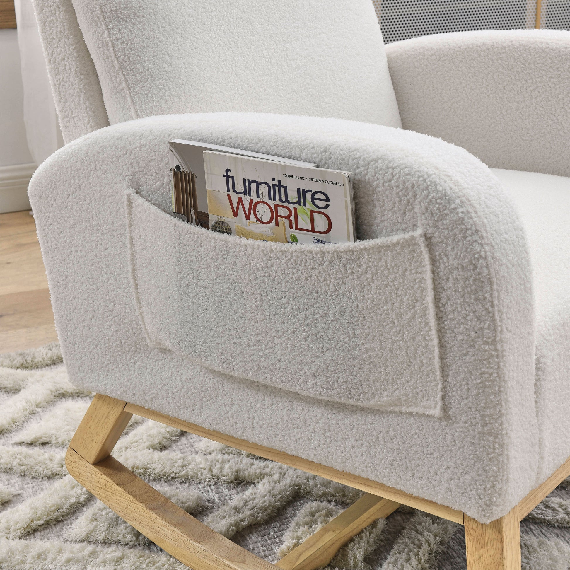 Video Welike 27.6"W Modern Accent High Backrest Living Room Lounge Arm Rocking Chair, Two Side Pocket ,Teddy White Ivory Ivory Foam Fabric