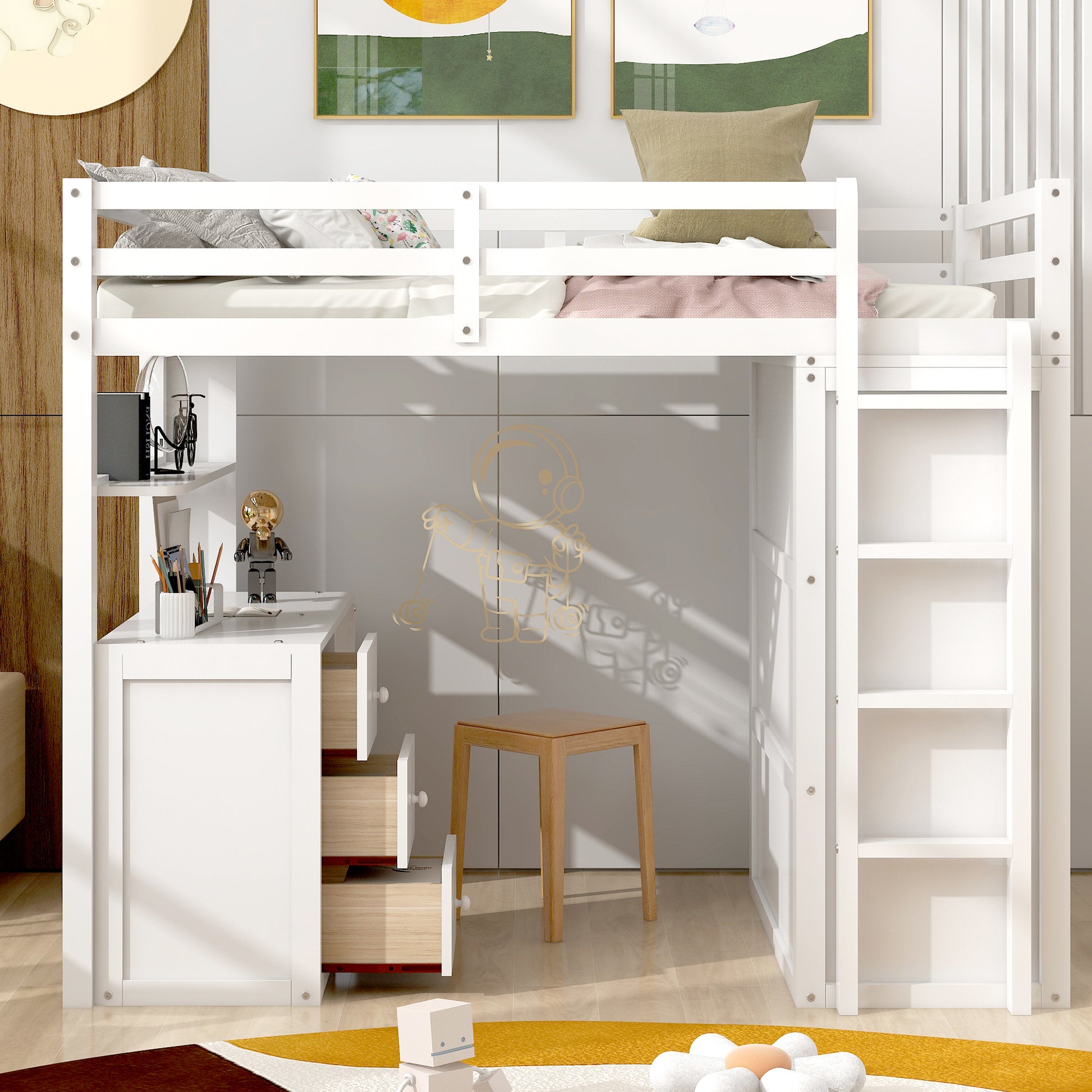 Twin Size Loft Bed With Drawers,Desk,And Wardrobe White White Solid Wood