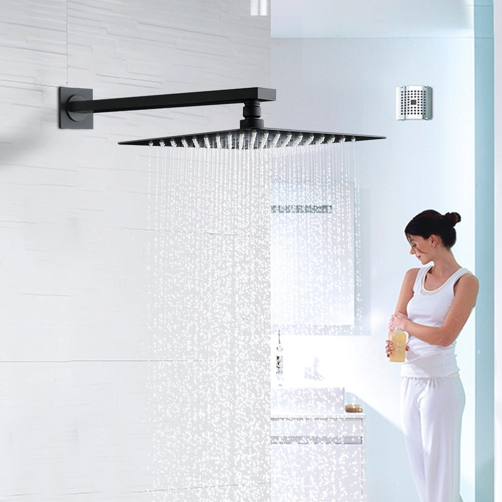 12 Inch Rain Shower Head, 10" Square Rainfall & High Pressure Stainless Steel Bath Showerhead, Waterfall Full Body Coverage With Silicone Nozzle Matte Black Metal