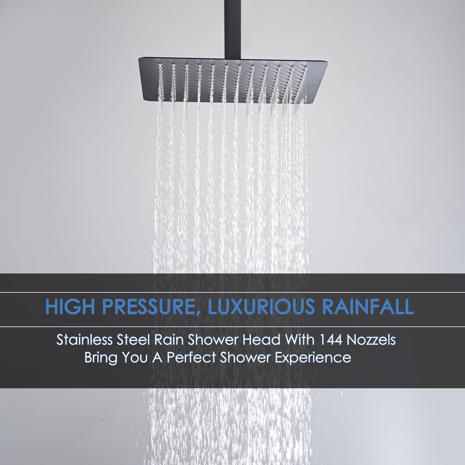 12 Inch Rain Shower Head, 10" Square Rainfall & High Pressure Stainless Steel Bath Showerhead, Waterfall Full Body Coverage With Silicone Nozzle Matte Black Metal