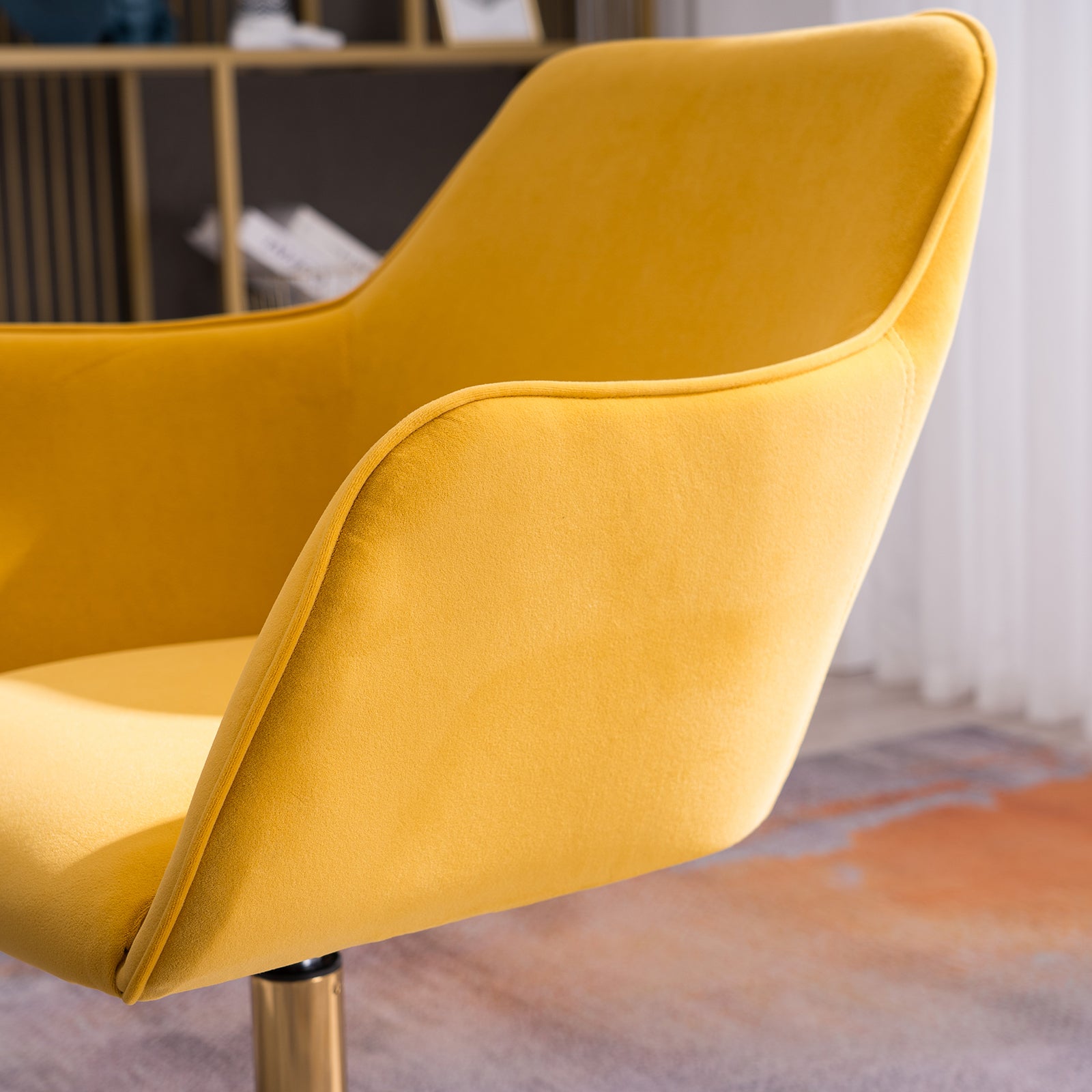 Modern Velvet Fabric Material Adjustable Height 360 Revolving Home Office Chair With Gold Metal Legs And Universal Wheels For Indoor,Yellow Yellow Foam Velvet