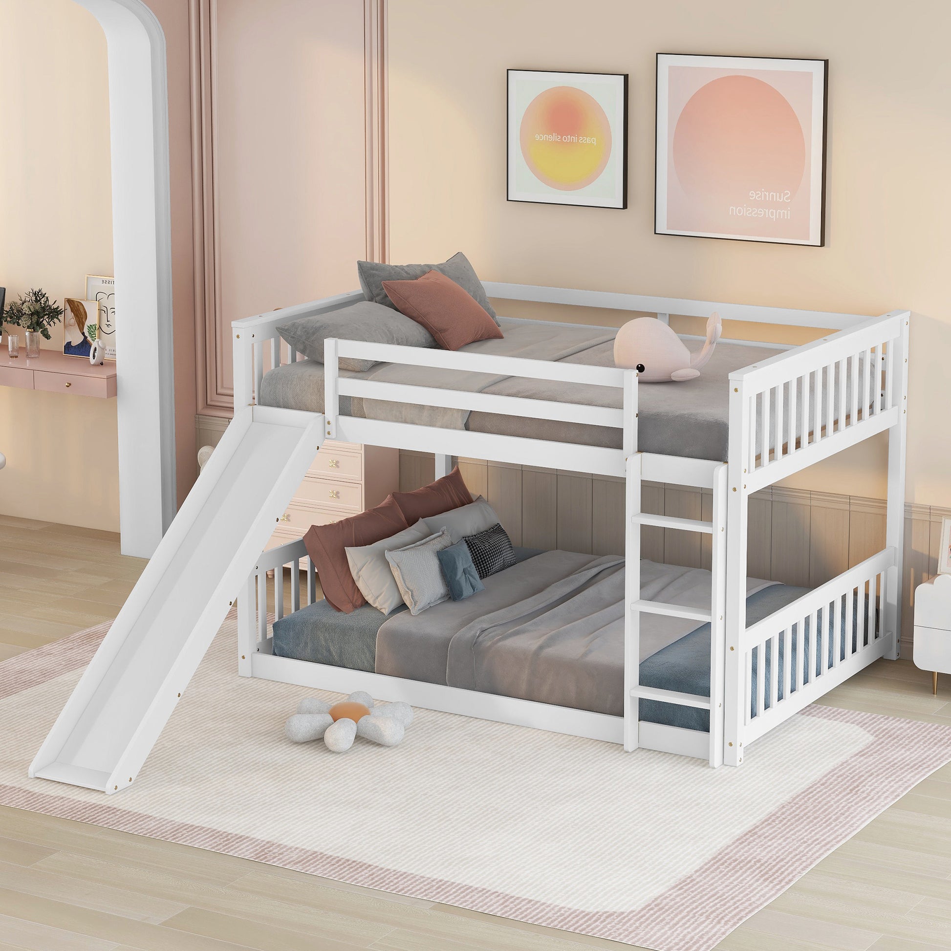 Full Over Full Bunk Bed With Slide And Ladder In White Color White Pine