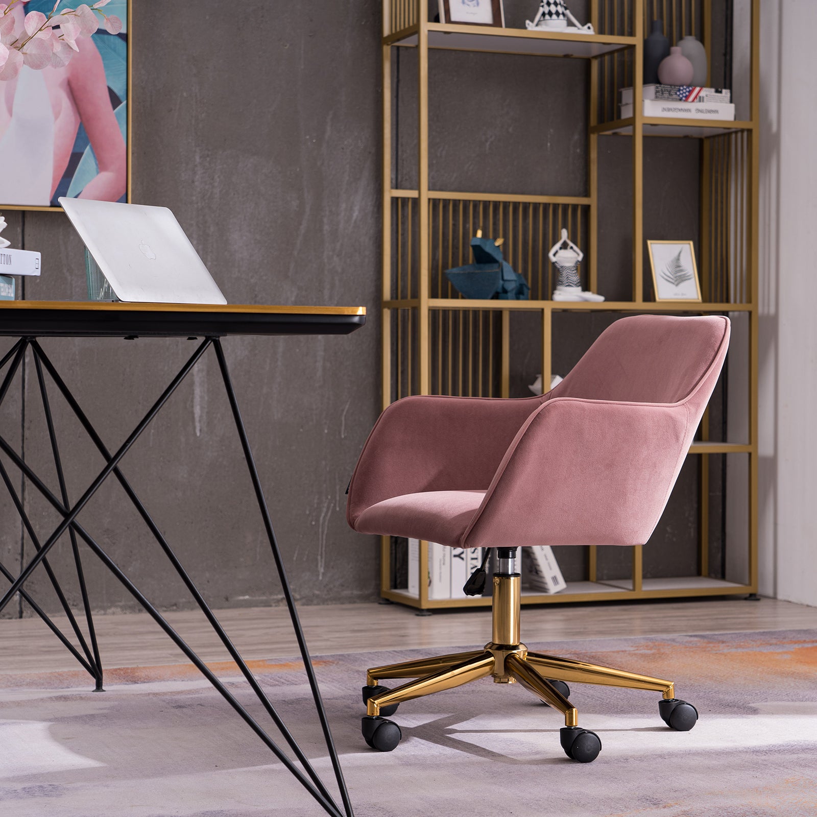 Modern Velvet Fabric Material Adjustable Height 360 Revolving Home Office Chair With Gold Metal Legs And Universal Wheels For Indoor,Pink Pink Foam Velvet