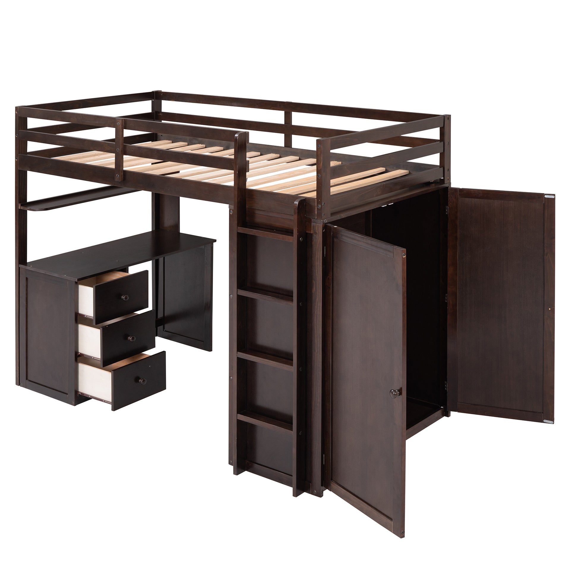 Twin Size Loft Bed With Drawers,Desk,And Wardrobe Espresso Espresso Solid Wood