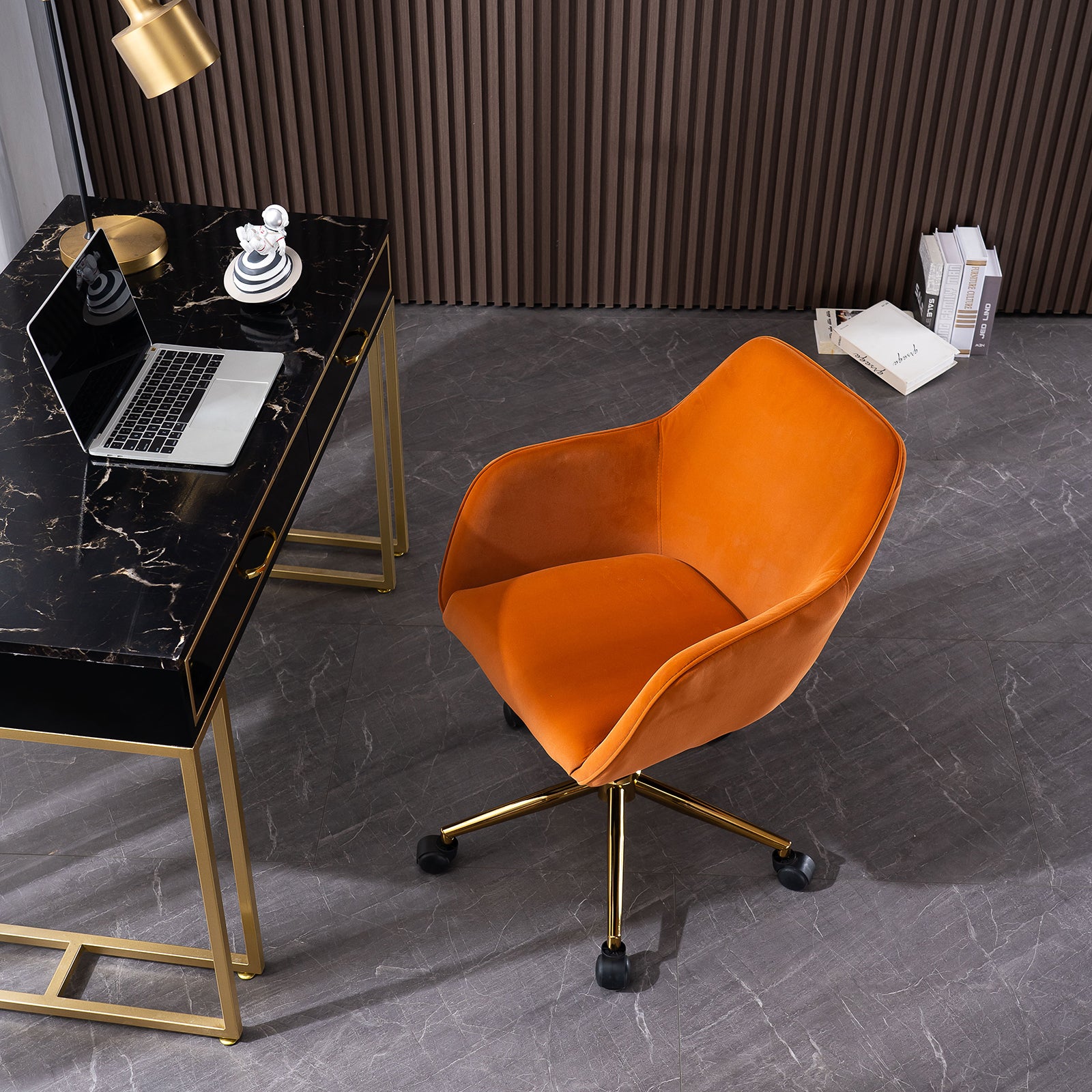 Modern Velvet Fabric Material Adjustable Height 360 Revolving Home Office Chair With Gold Metal Legs And Universal Wheels For Indoor,Orange Orange Foam Velvet