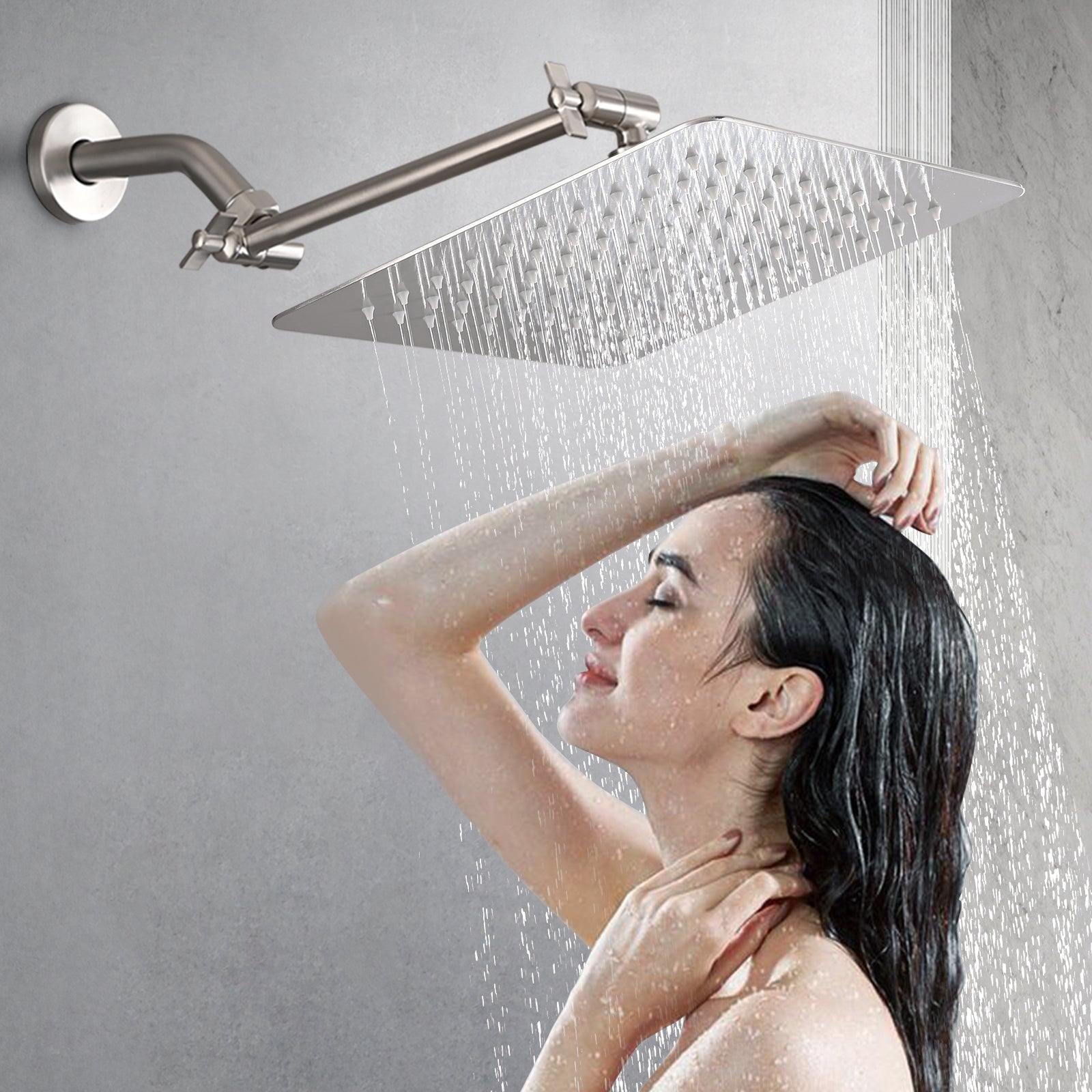 12" Square Rainfall & High Pressure Stainless Steel Bath Showerhead, Waterfall Full Body Coverage With Silicone Nozzle Brushed Nickel Metal