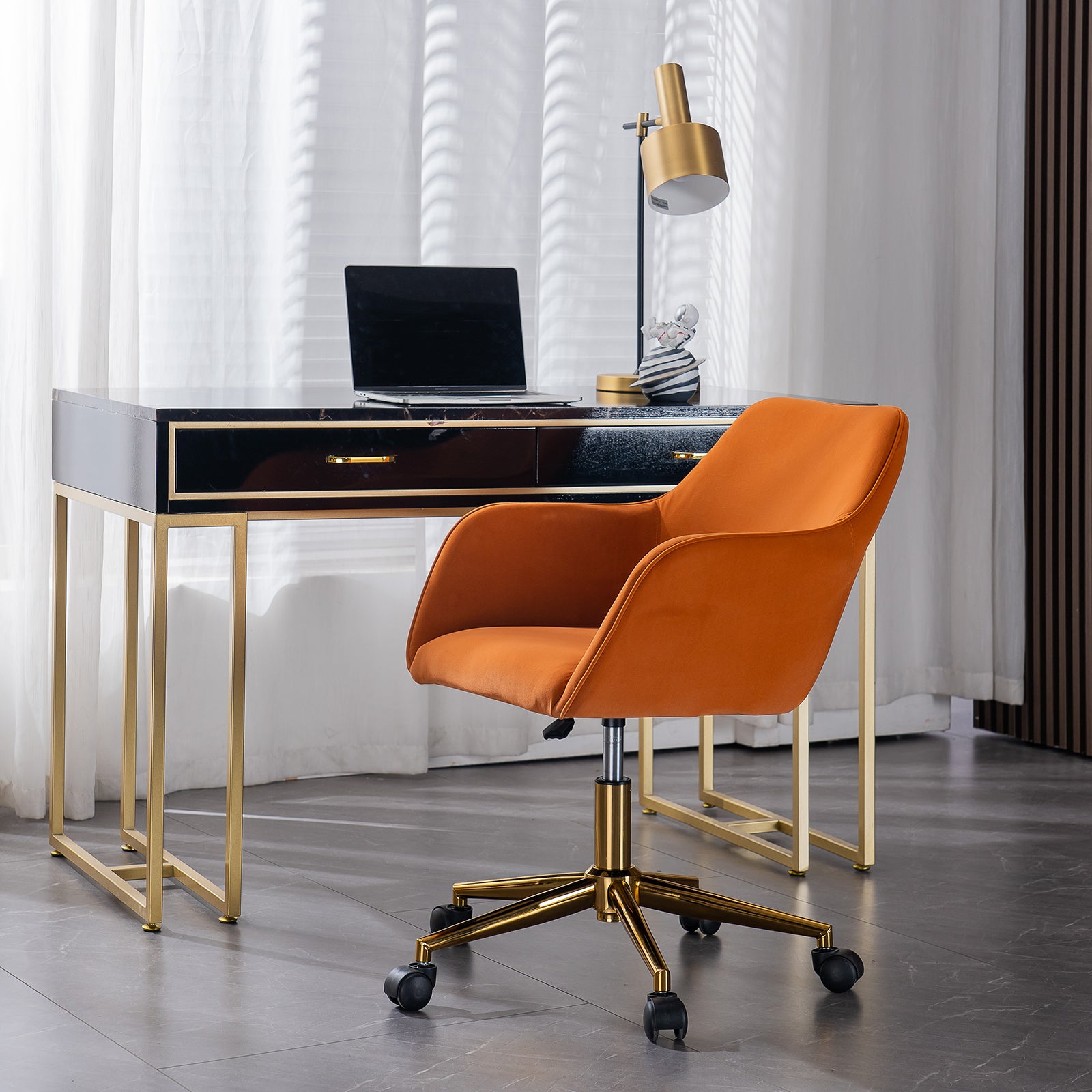 Modern Velvet Fabric Material Adjustable Height 360 Revolving Home Office Chair With Gold Metal Legs And Universal Wheels For Indoor,Orange Orange Foam Velvet