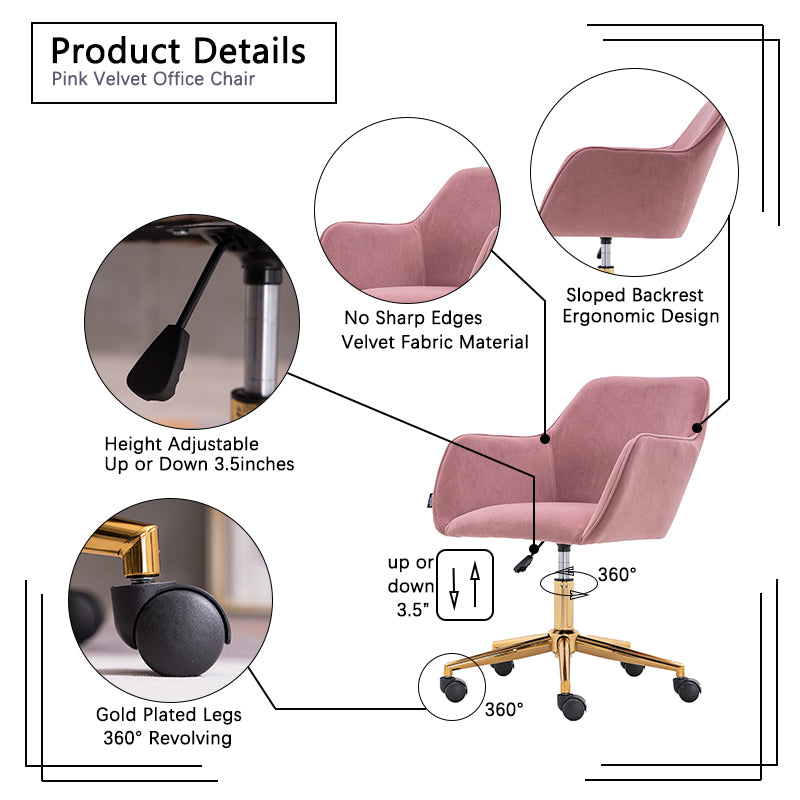 Modern Velvet Fabric Material Adjustable Height 360 Revolving Home Office Chair With Gold Metal Legs And Universal Wheels For Indoor,Pink Pink Foam Velvet