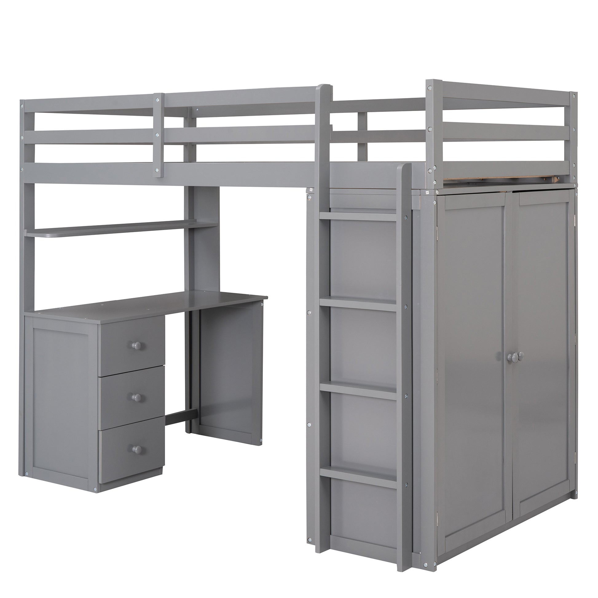 Twin Size Loft Bed With Drawers,Desk,And Wardrobe Gray Gray Solid Wood