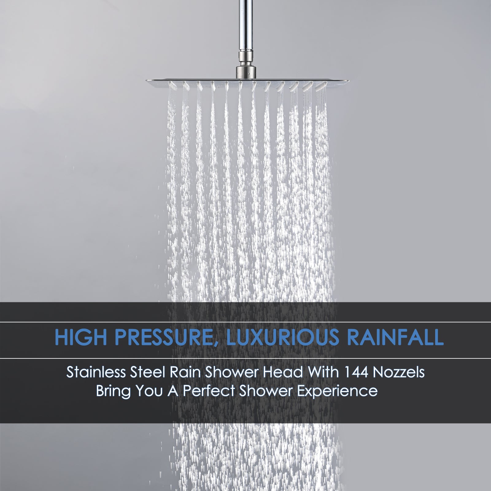 12" Square Rainfall & High Pressure Stainless Steel Bath Showerhead, Waterfall Full Body Coverage With Silicone Nozzle Brushed Nickel Metal