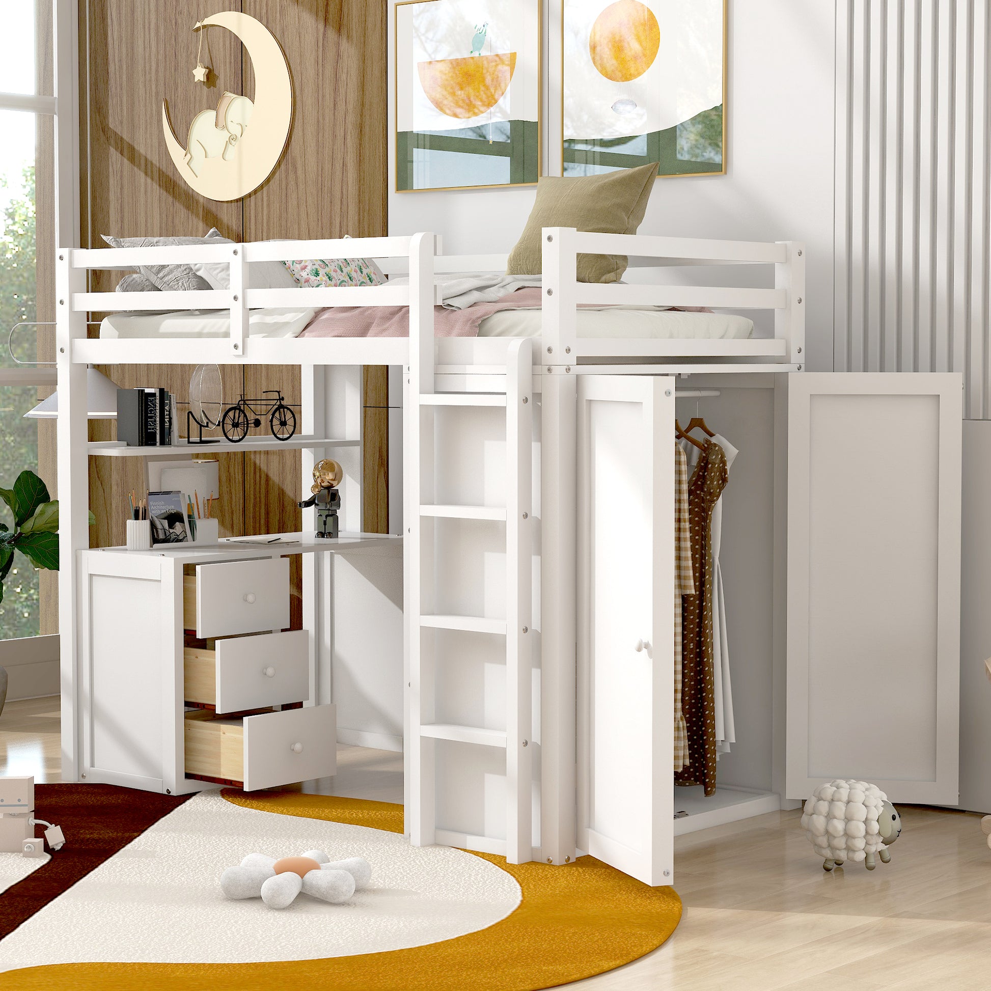 Twin Size Loft Bed With Drawers,Desk,And Wardrobe White White Solid Wood