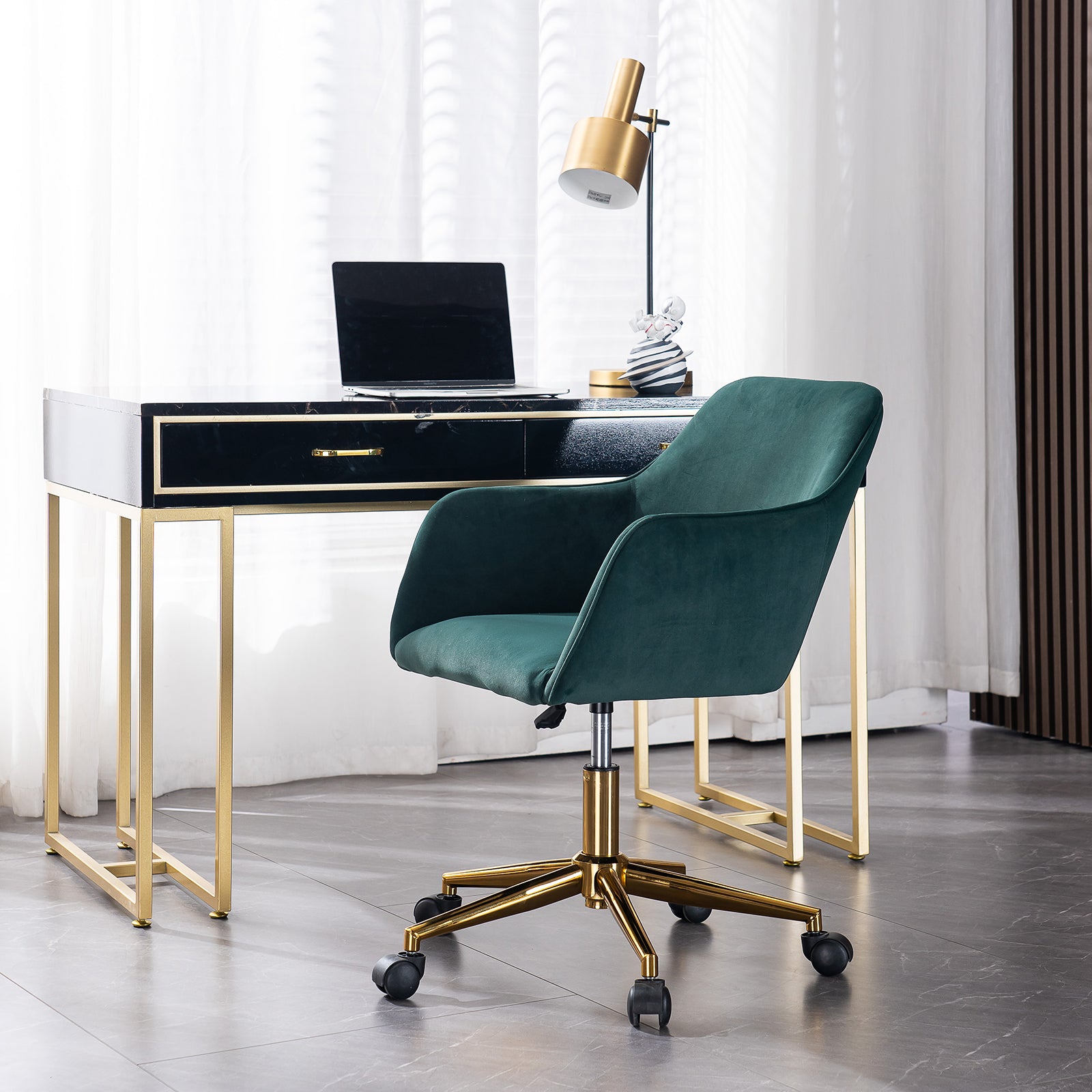 Modern Velvet Fabric Material Adjustable Height 360 Revolving Home Office Chair With Gold Metal Legs And Universal Wheels For Indoor,Dark Green Dark Green Foam Velvet