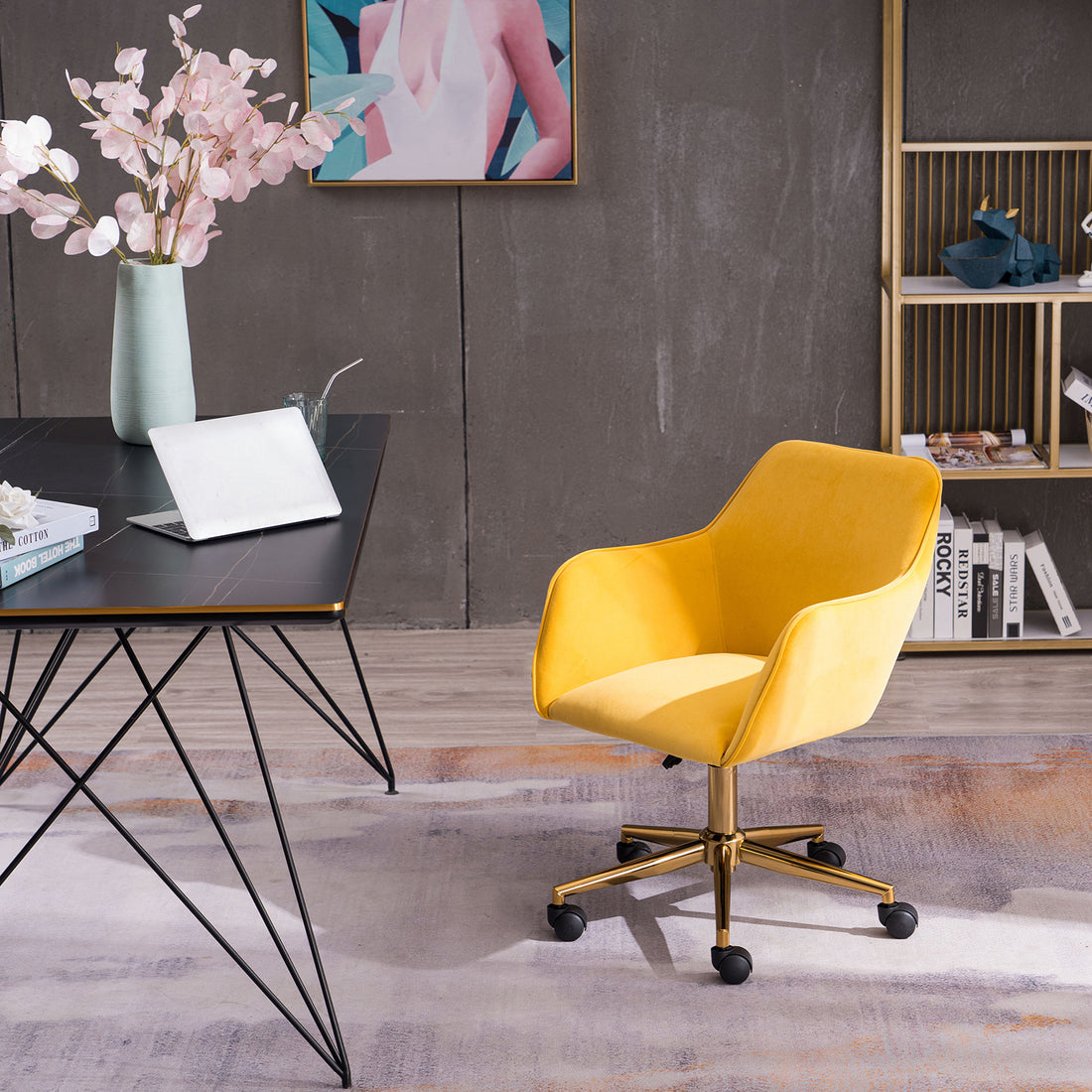 Modern Velvet Fabric Material Adjustable Height 360 Revolving Home Office Chair With Gold Metal Legs And Universal Wheels For Indoor,Yellow Yellow Foam Velvet