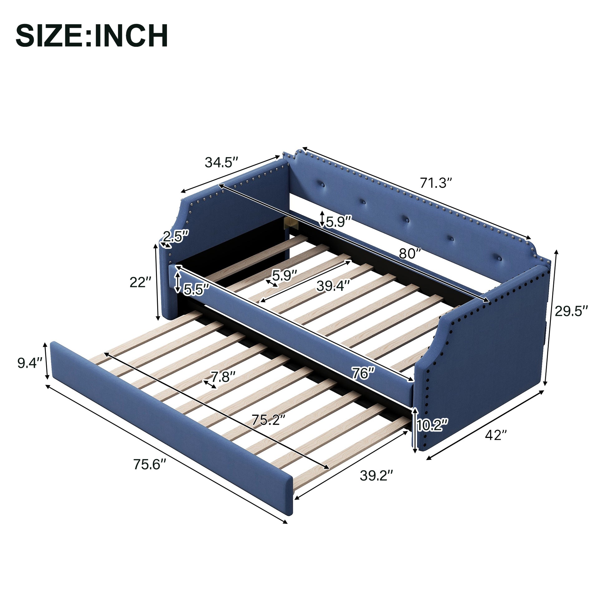 Upholstered Daybed With Trundle, Wood Slat Support,Upholstered Frame Sofa Bedtwin,Blue Blue Linen