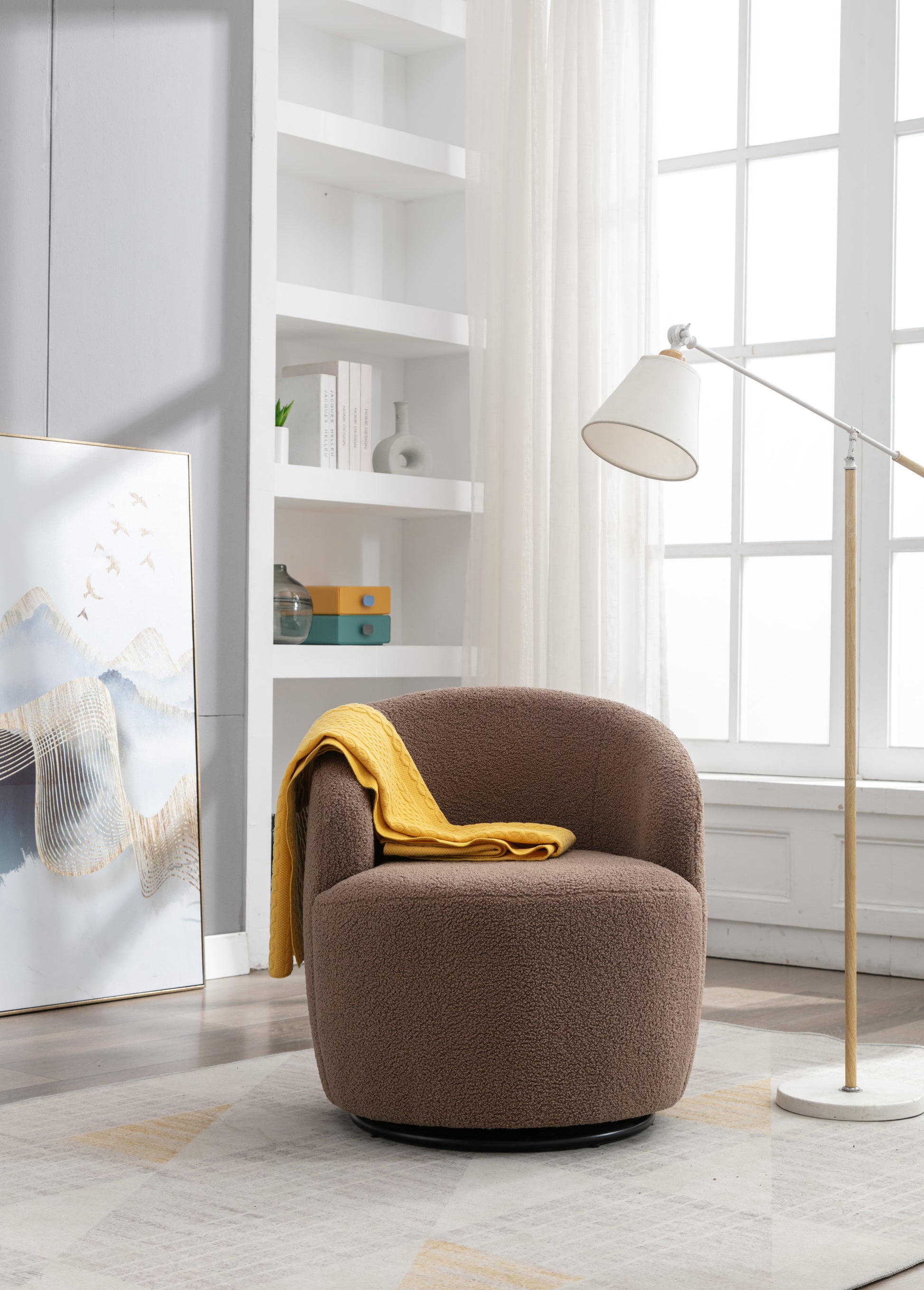Teddy Fabric Swivel Accent Armchair Barrel Chair With Black Powder Coating Metal Ring,Coffee Brown Coffee Foam Upholstered
