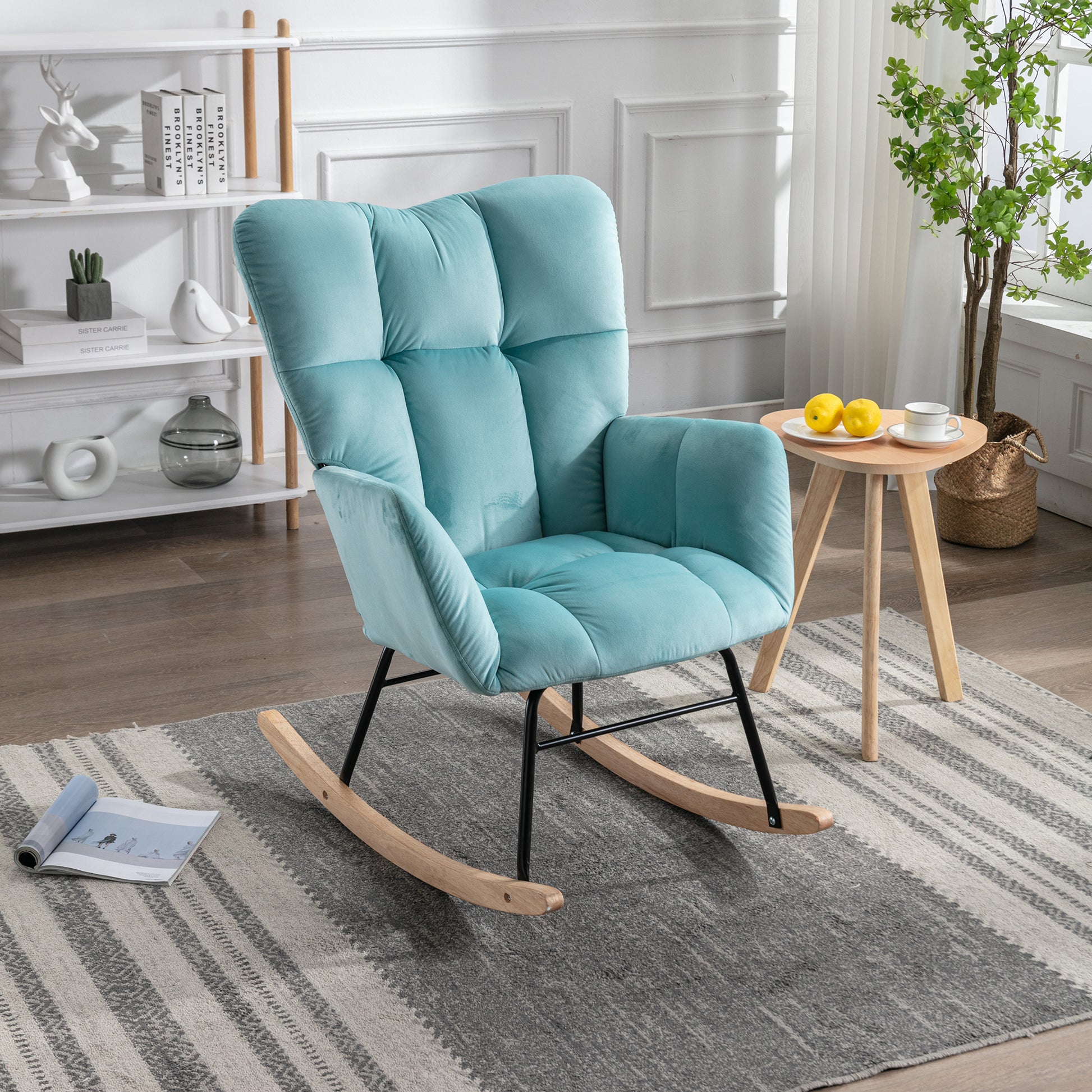 Mid Century Modern Velvet Tufted Upholstered Rocking Chair Padded Seat For Living Room Bedroom, Cyan Blue Cyan Foam Velvet