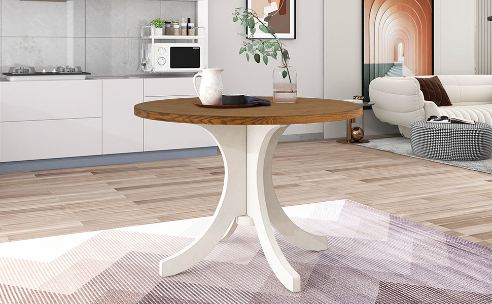 Mid Century Solid Wood 5 Piece Round Dining Table Set, Kitchen Table Set With Upholstered Chairs For Small Places, Walnut Table Beige Chair Wood Dining Room Solid Wood Rubberwood Round Dining Table With Chair Upholstered Chair Wood Walnut Slat Back Seats
