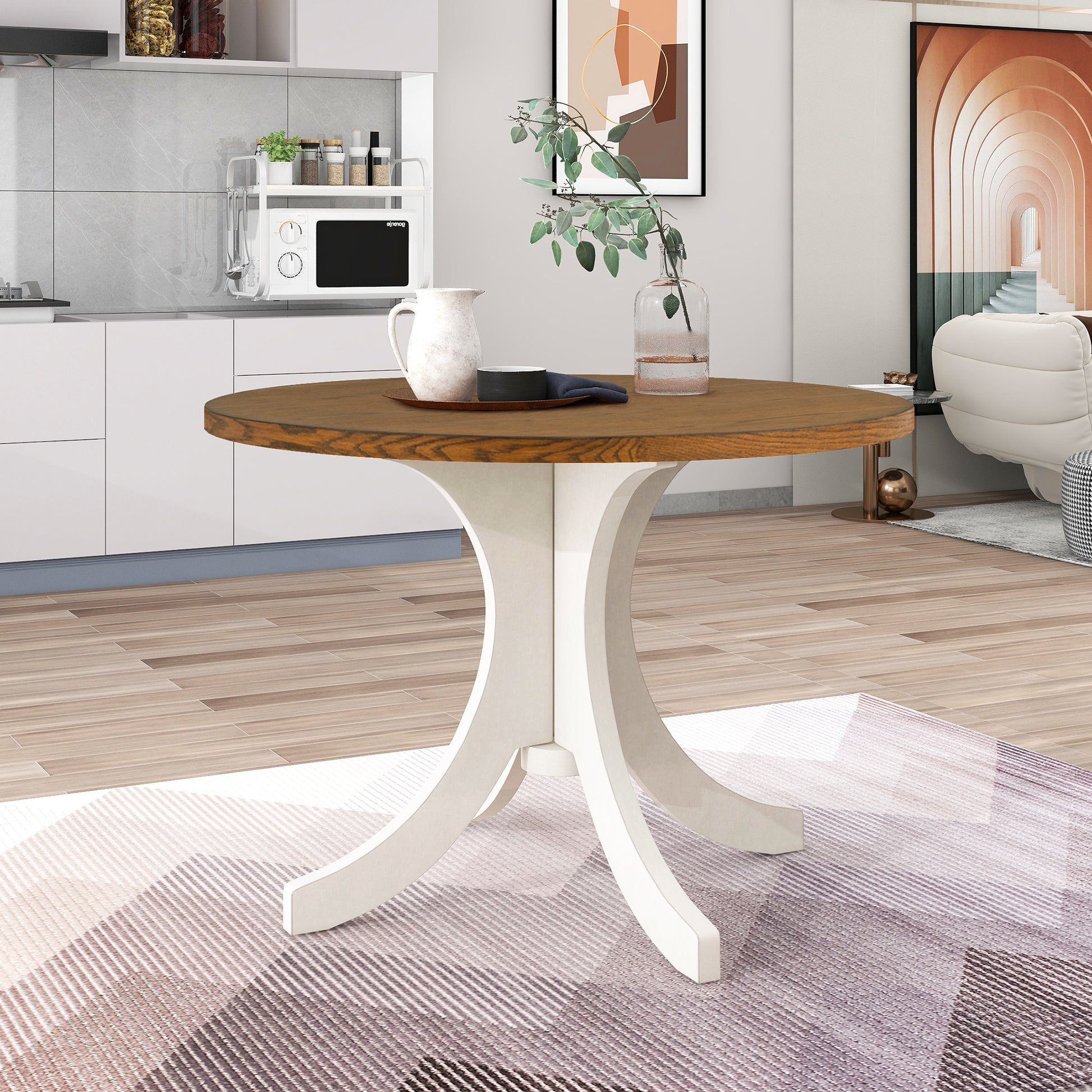 Mid Century Solid Wood 5 Piece Round Dining Table Set, Kitchen Table Set With Upholstered Chairs For Small Places, Walnut Table Beige Chair Wood Dining Room Solid Wood Rubberwood Round Dining Table With Chair Upholstered Chair Wood Walnut Slat Back Seats