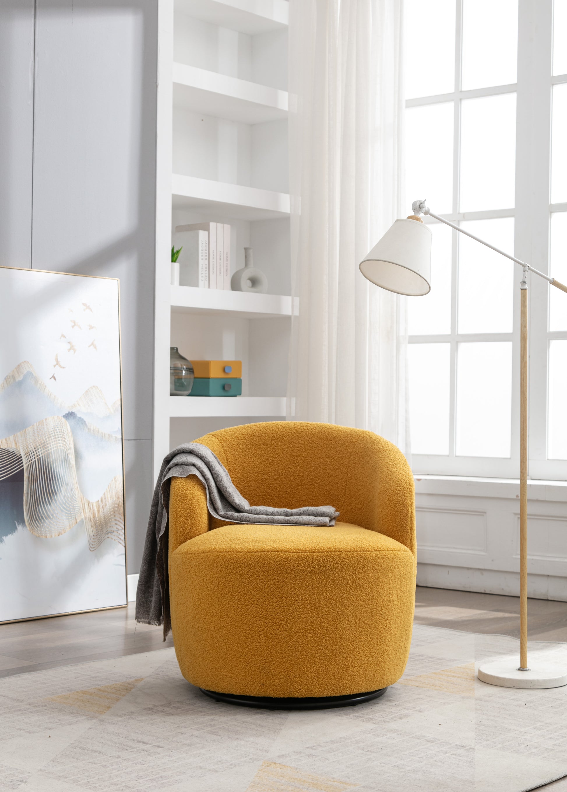 Teddy Fabric Swivel Accent Armchair Barrel Chair With Black Powder Coating Metal Ring,Yellow Yellow Foam Upholstered