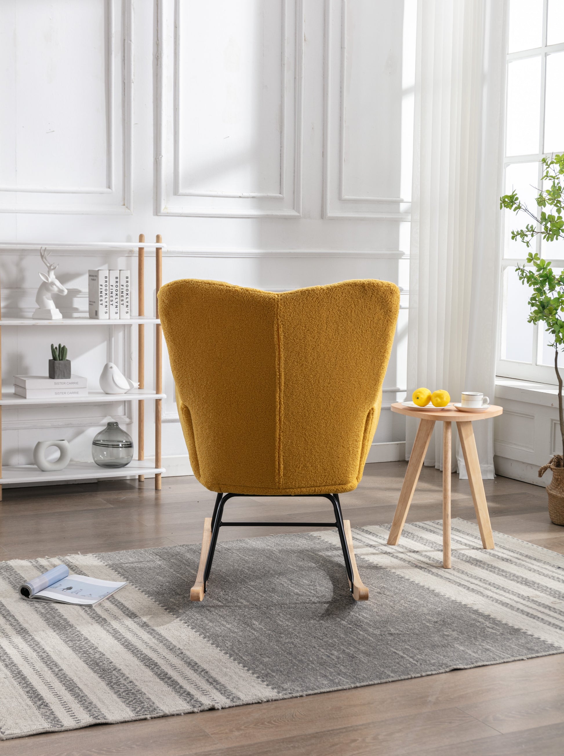 Mid Century Modern Teddy Fabric Tufted Upholstered Rocking Chair Padded Seat For Living Room Bedroom,Yellow Yellow Foam Wool
