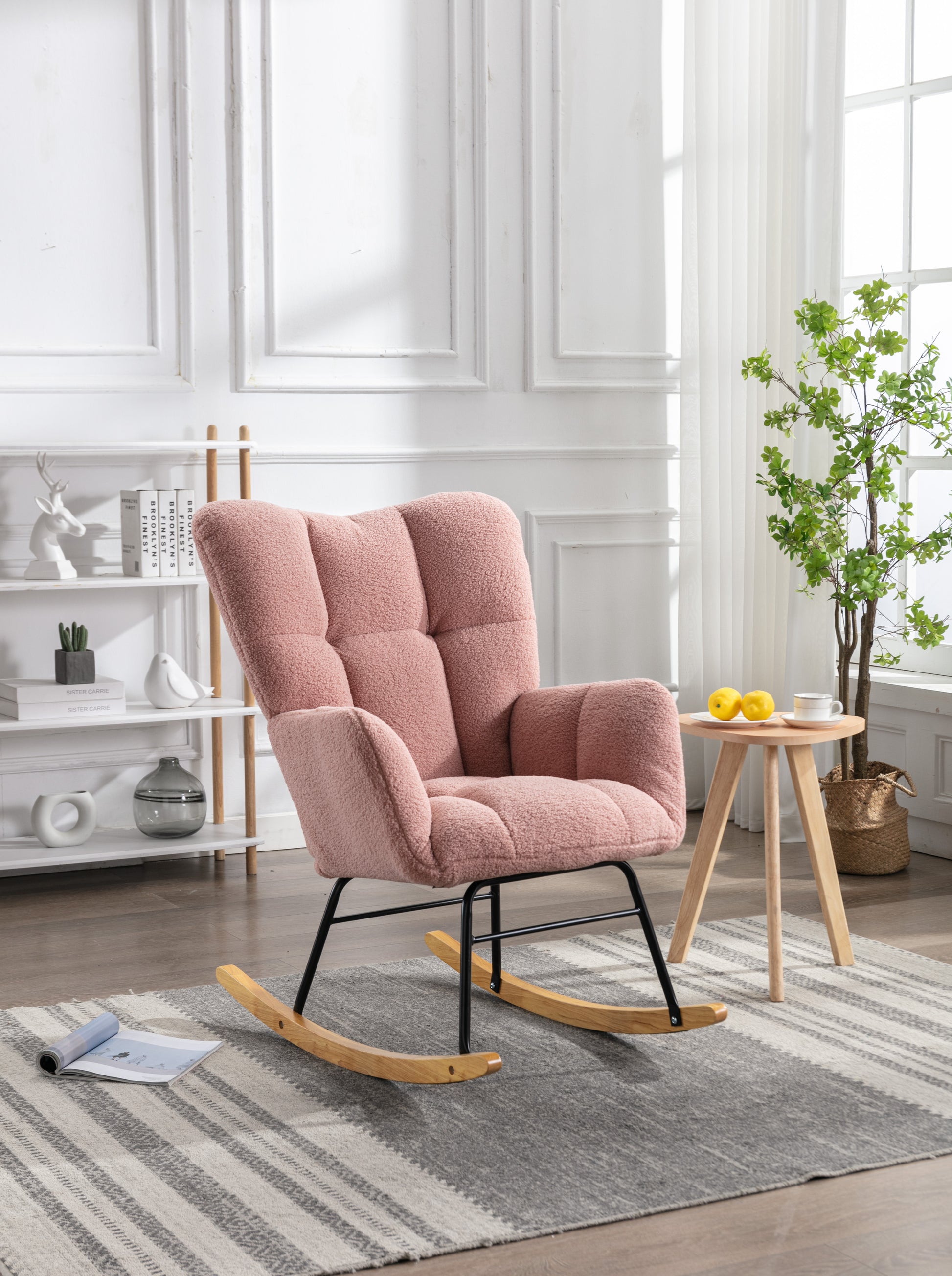 Mid Century Modern Teddy Fabric Tufted Upholstered Rocking Chair Padded Seat For Living Room Bedroom,Pink Pink Foam Wool