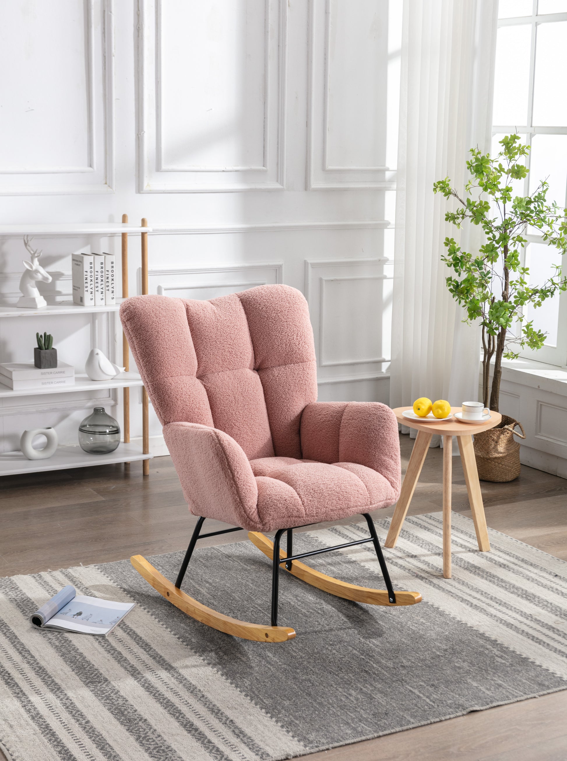 Mid Century Modern Teddy Fabric Tufted Upholstered Rocking Chair Padded Seat For Living Room Bedroom,Pink Pink Foam Wool