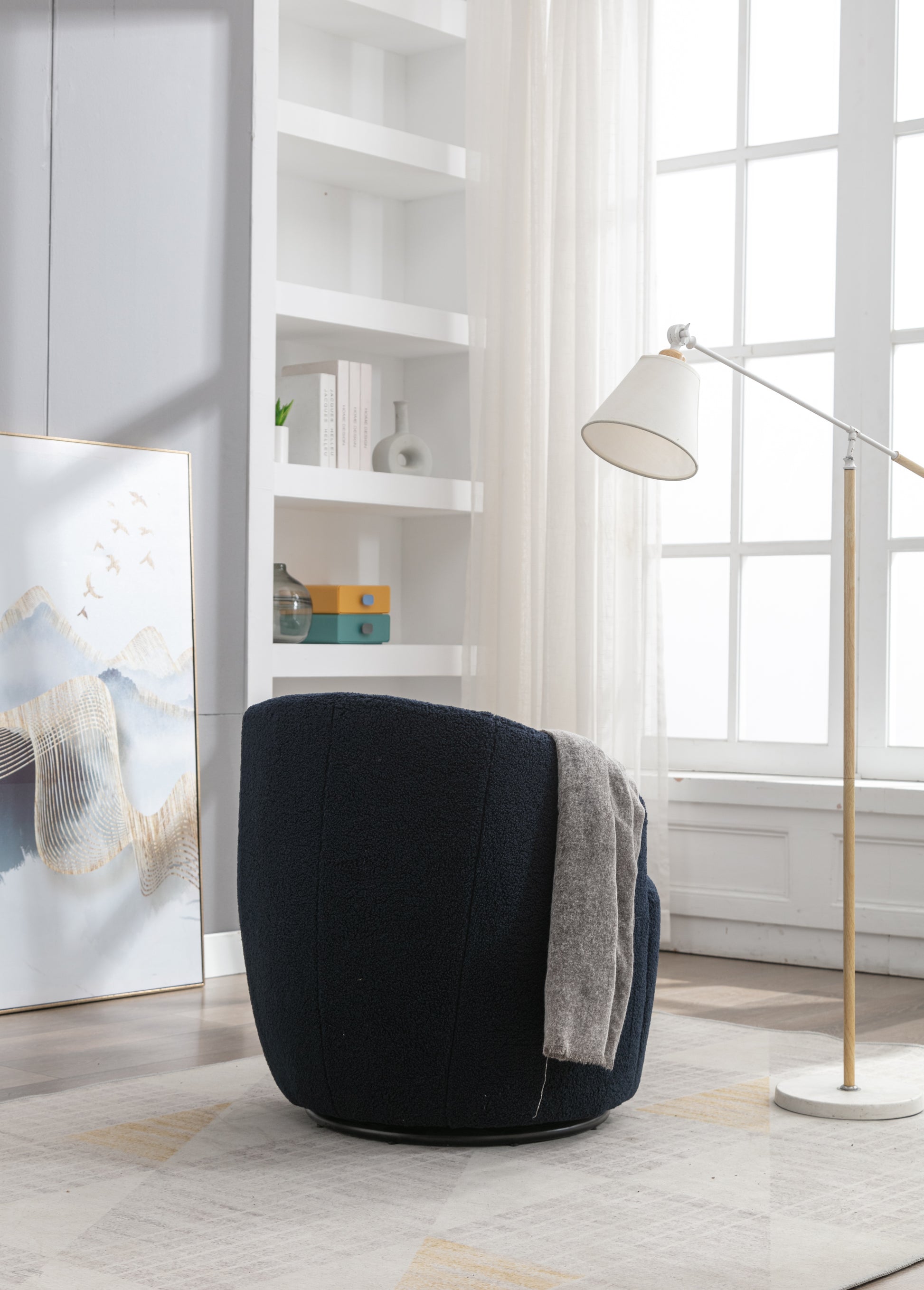 Teddy Fabric Swivel Accent Armchair Barrel Chair With Black Powder Coating Metal Ring,Dark Blue Dark Blue Foam Upholstered