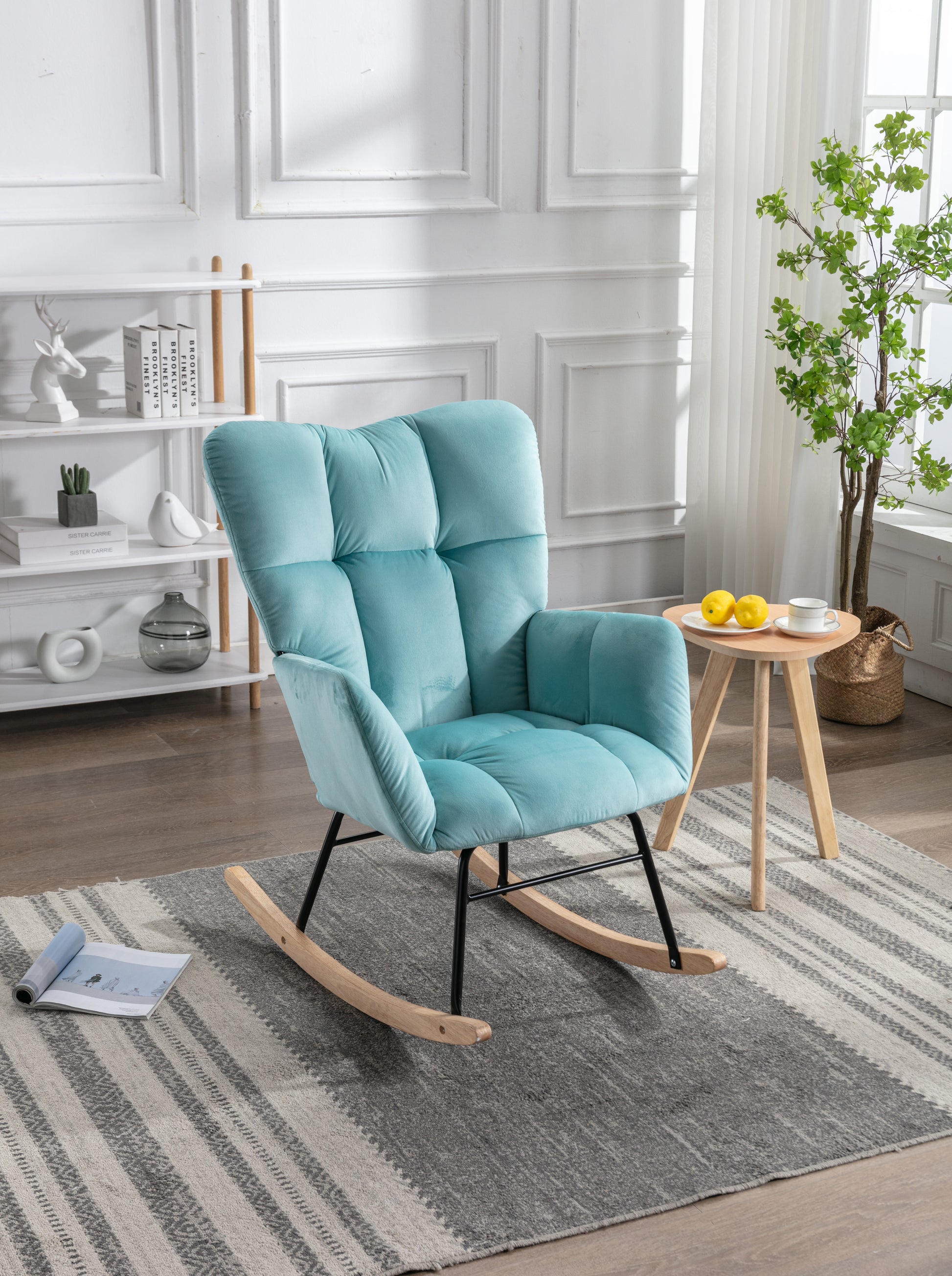 Mid Century Modern Velvet Tufted Upholstered Rocking Chair Padded Seat For Living Room Bedroom, Cyan Blue Cyan Foam Velvet