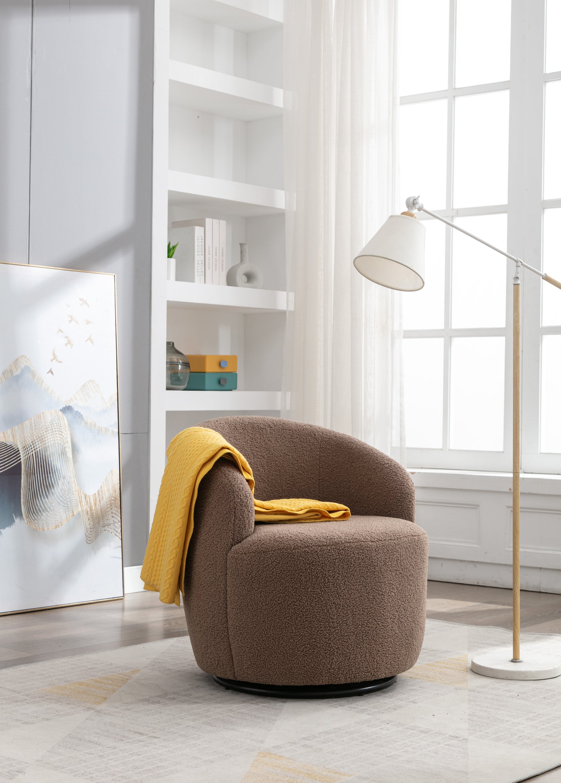 Teddy Fabric Swivel Accent Armchair Barrel Chair With Black Powder Coating Metal Ring,Coffee Brown Coffee Foam Upholstered