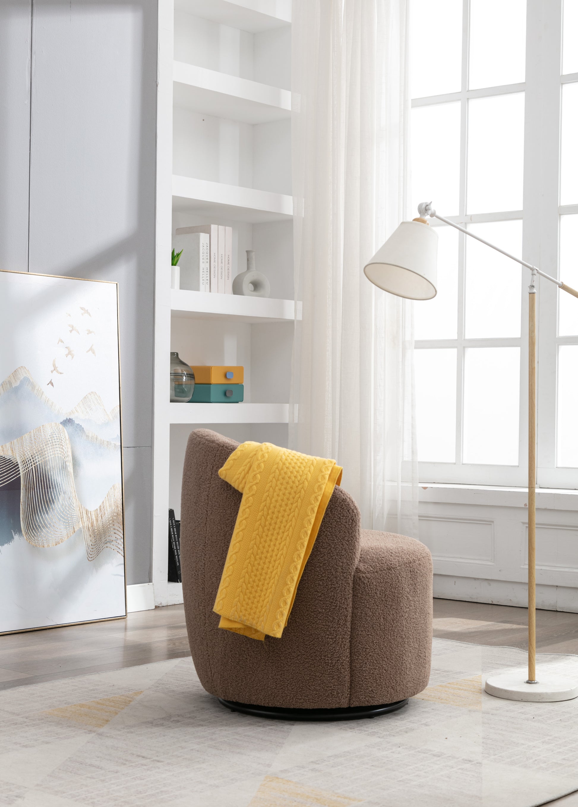 Teddy Fabric Swivel Accent Armchair Barrel Chair With Black Powder Coating Metal Ring,Coffee Brown Coffee Foam Upholstered