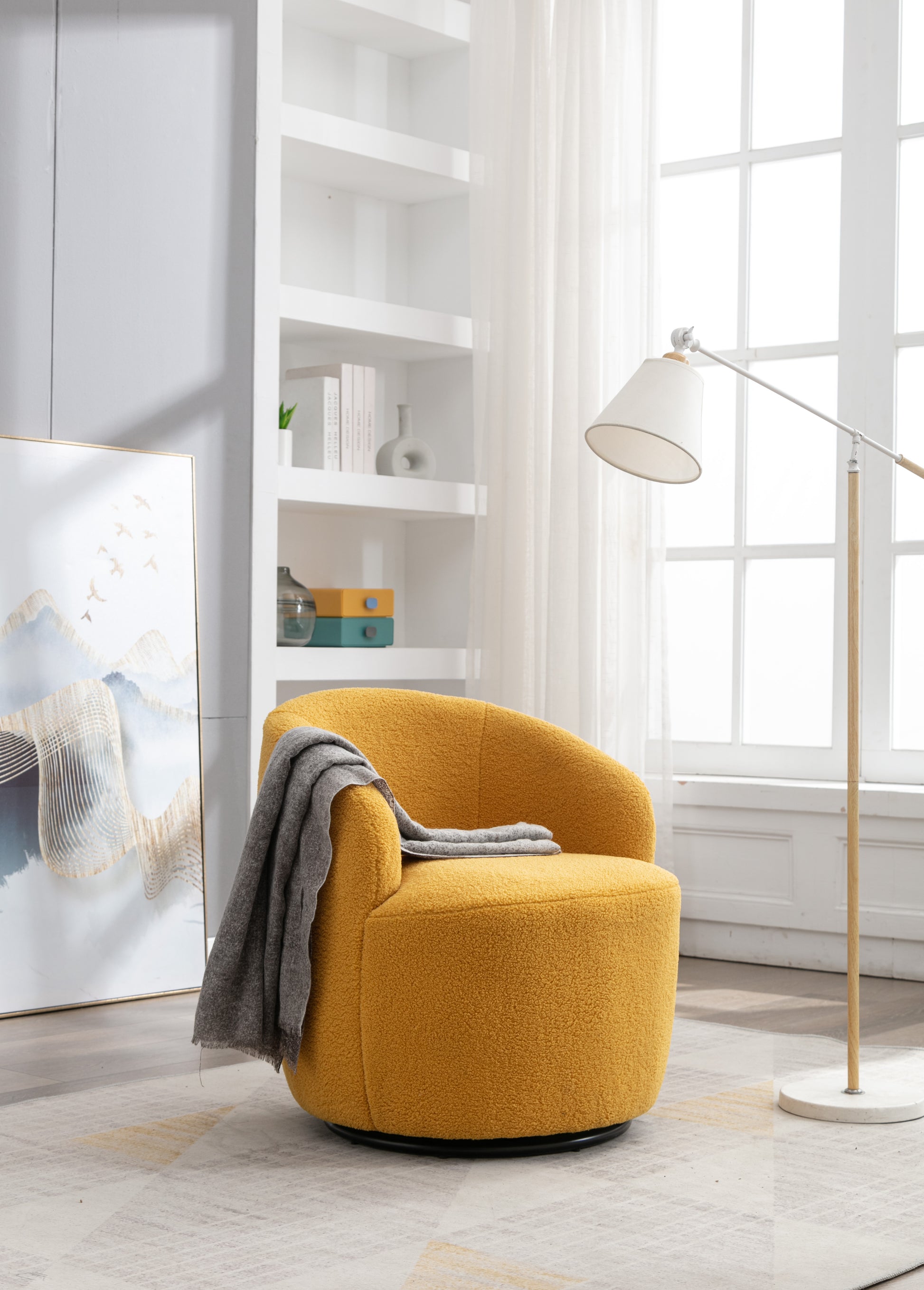 Teddy Fabric Swivel Accent Armchair Barrel Chair With Black Powder Coating Metal Ring,Yellow Yellow Foam Upholstered