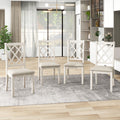 Mid Century Solid Wood 5 Piece Round Dining Table Set, Kitchen Table Set With Upholstered Chairs For Small Places, Walnut Table Beige Chair Wood Dining Room Solid Wood Rubberwood Round Dining Table With Chair Upholstered Chair Wood Walnut Slat Back Seats