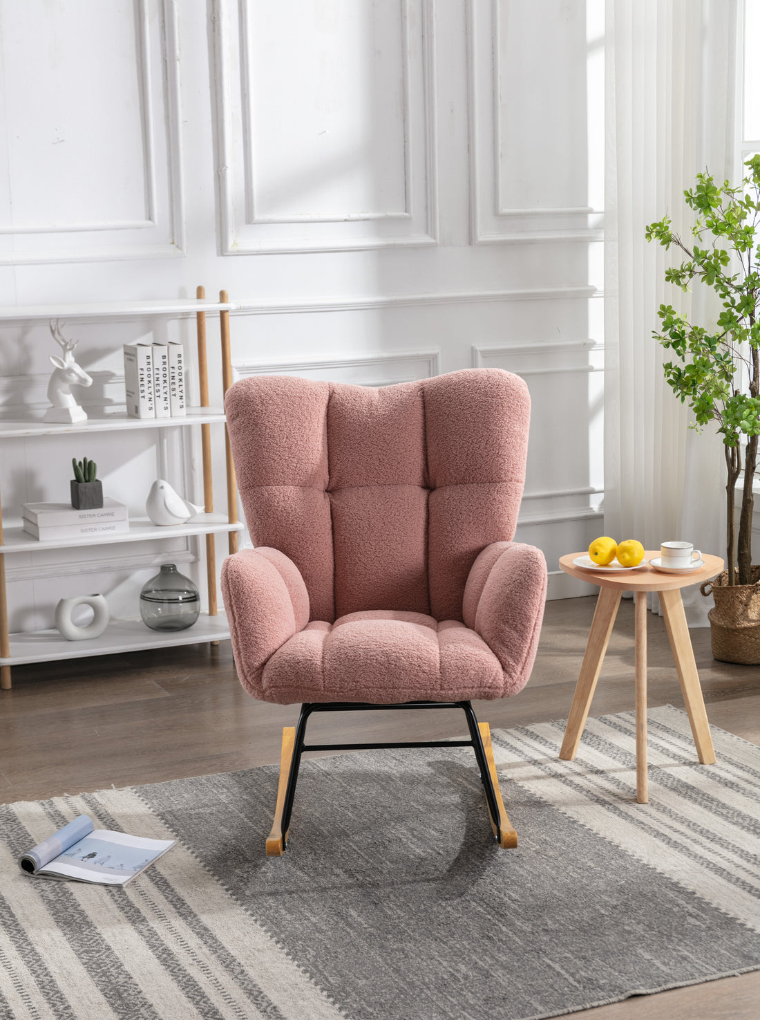 Mid Century Modern Teddy Fabric Tufted Upholstered Rocking Chair Padded Seat For Living Room Bedroom,Pink Pink Foam Wool