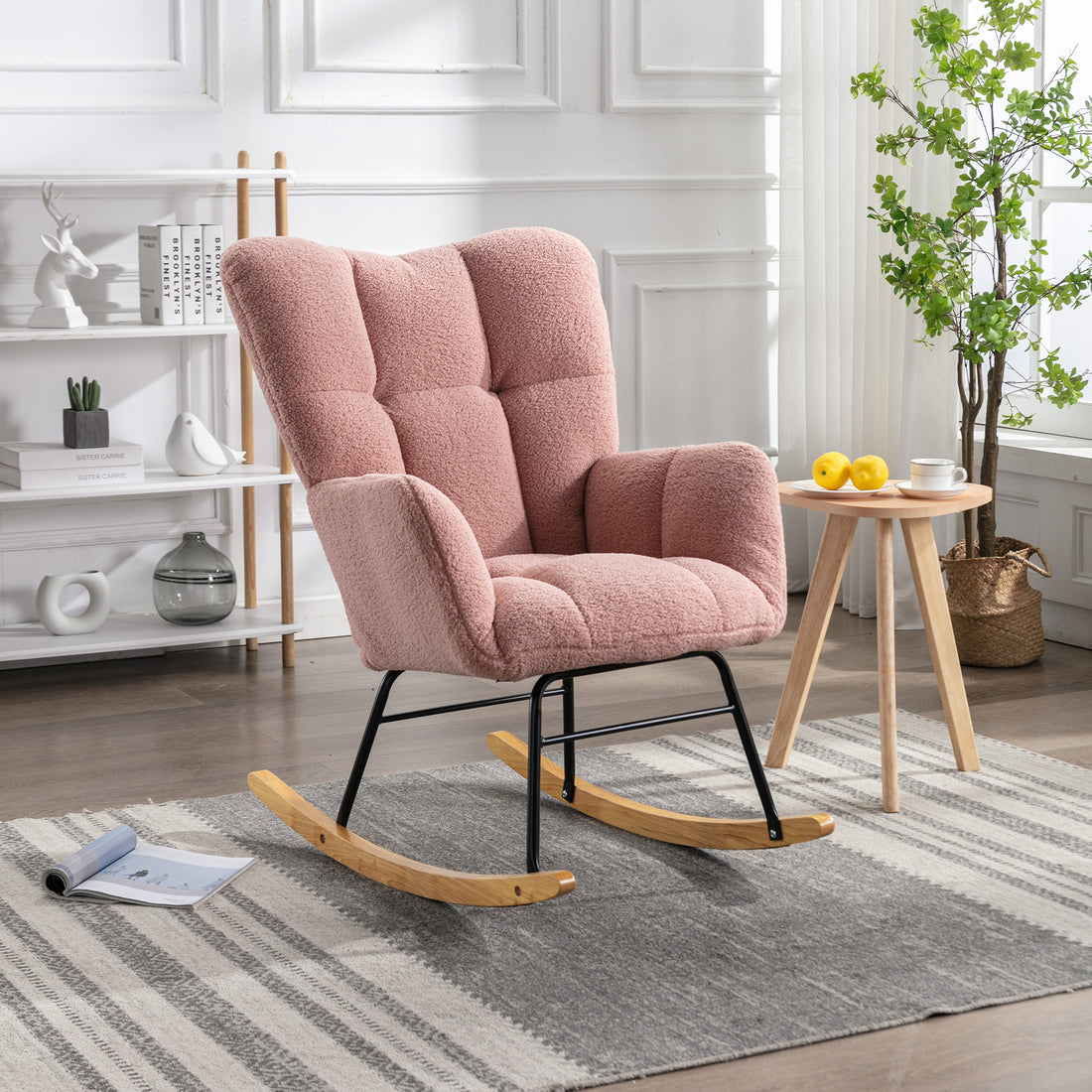 Mid Century Modern Teddy Fabric Tufted Upholstered Rocking Chair Padded Seat For Living Room Bedroom,Pink Pink Foam Wool