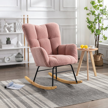 Mid Century Modern Teddy Fabric Tufted Upholstered Rocking Chair Padded Seat For Living Room Bedroom,Pink Pink Foam Wool