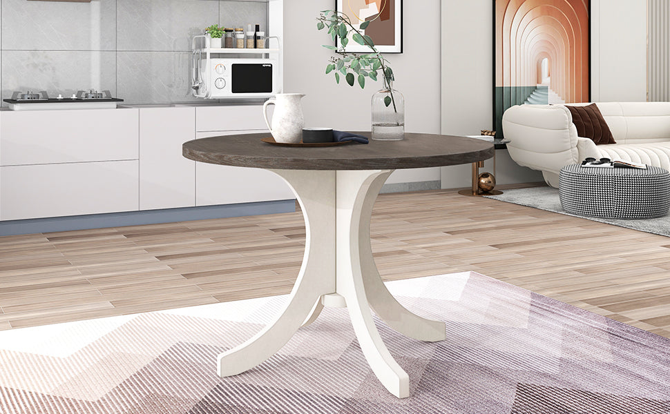 Mid Century Solid Wood 5 Piece Round Dining Table Set, Kitchen Table Set With Upholstered Chairs For Small Places, Brown Table Gray Chair Brown Wood Dining Room Solid Wood Rubberwood Round Dining Table With Chair Upholstered Chair Wood Brown Slat Back