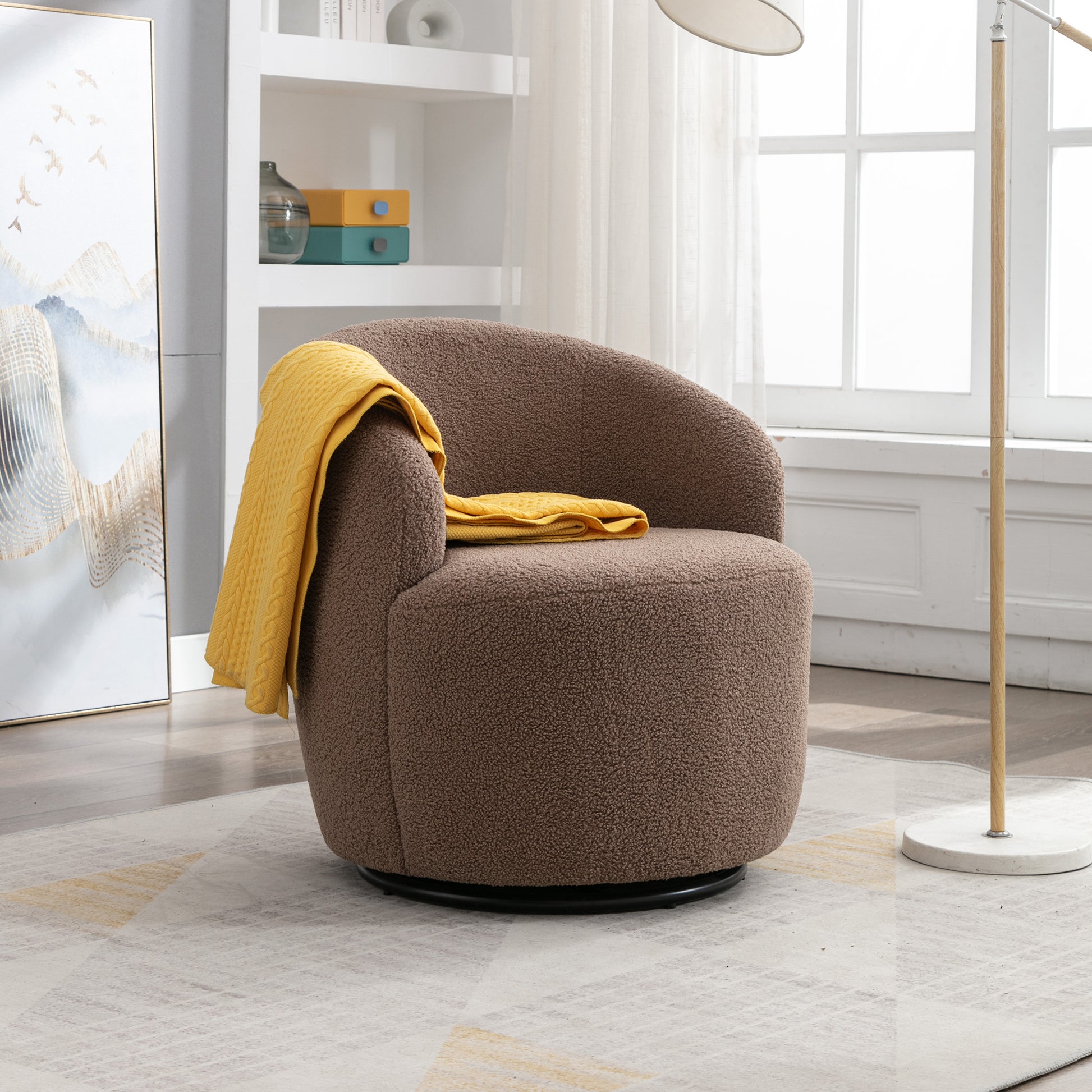 Teddy Fabric Swivel Accent Armchair Barrel Chair With Black Powder Coating Metal Ring,Coffee Brown Coffee Foam Upholstered