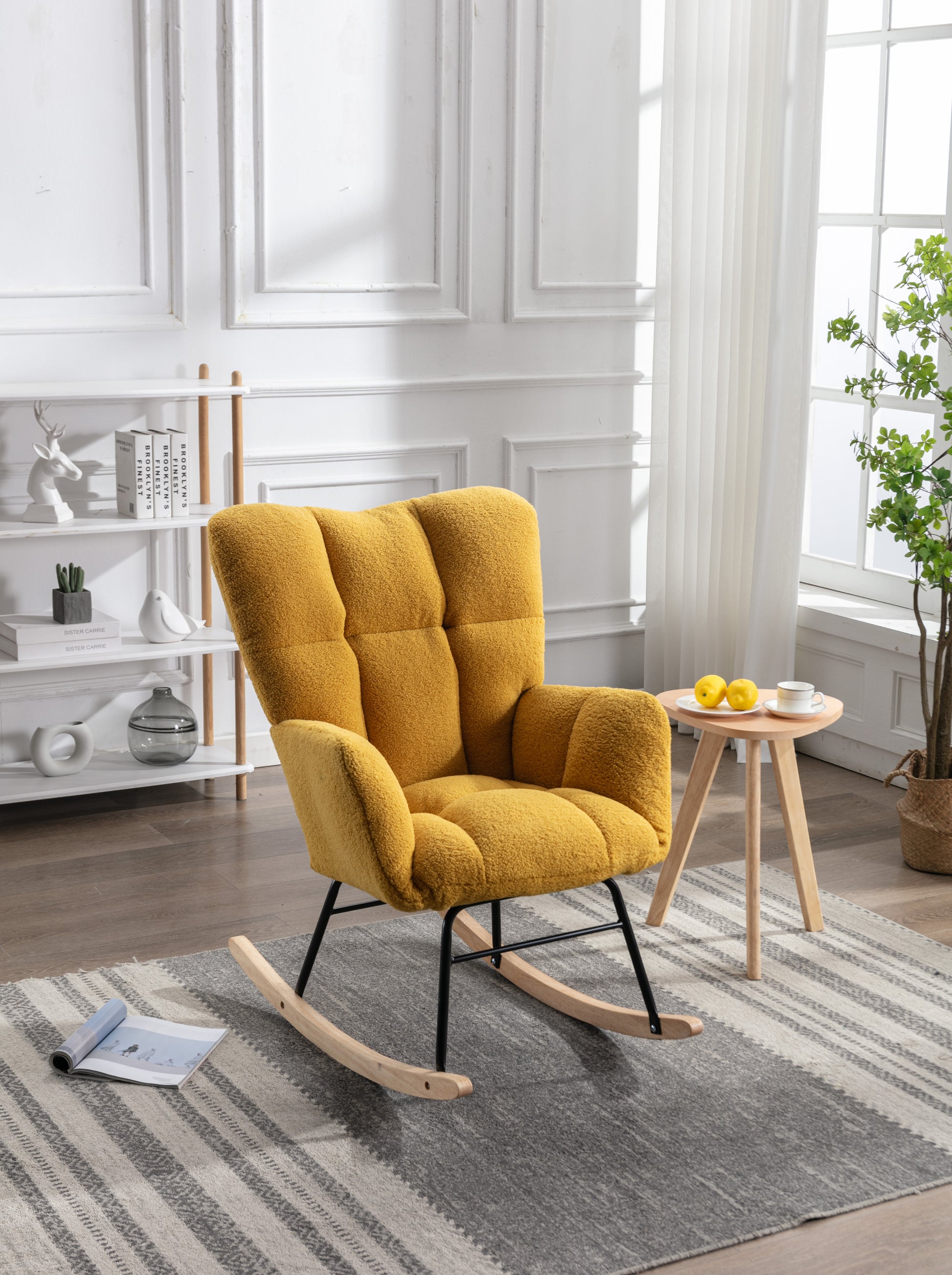 Mid Century Modern Teddy Fabric Tufted Upholstered Rocking Chair Padded Seat For Living Room Bedroom,Yellow Yellow Foam Wool