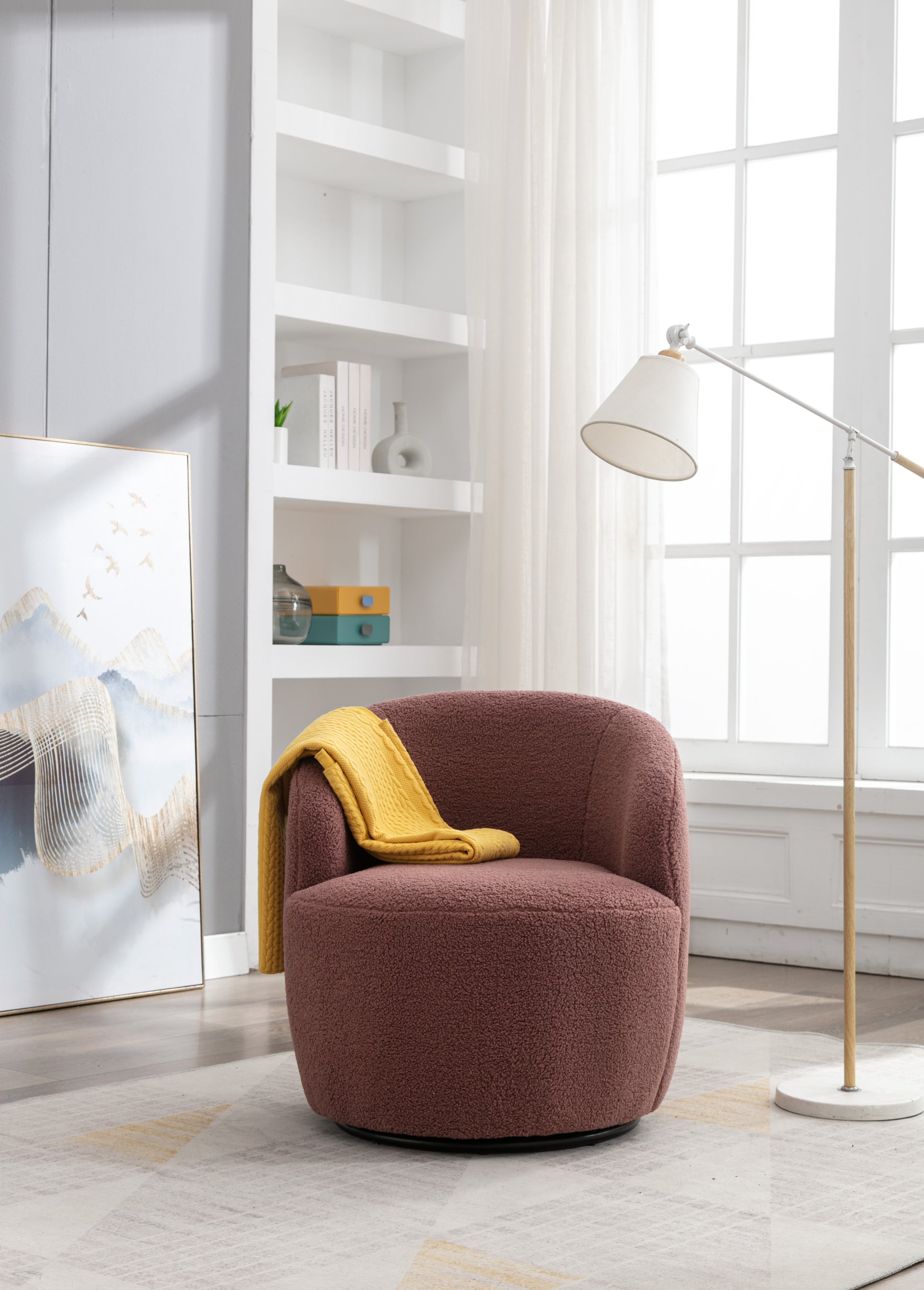 Teddy Fabric Swivel Accent Armchair Barrel Chair With Black Powder Coating Metal Ring,Dark Red Red Foam Upholstered