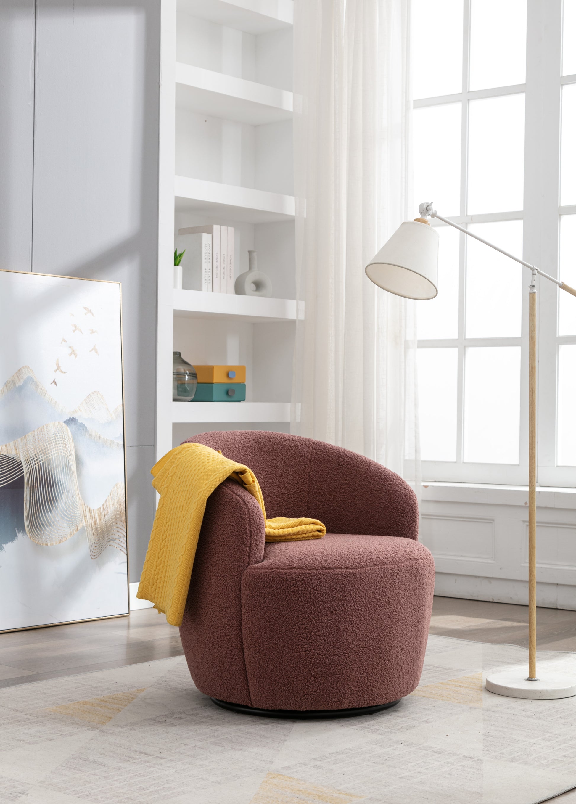 Teddy Fabric Swivel Accent Armchair Barrel Chair With Black Powder Coating Metal Ring,Dark Red Red Foam Upholstered