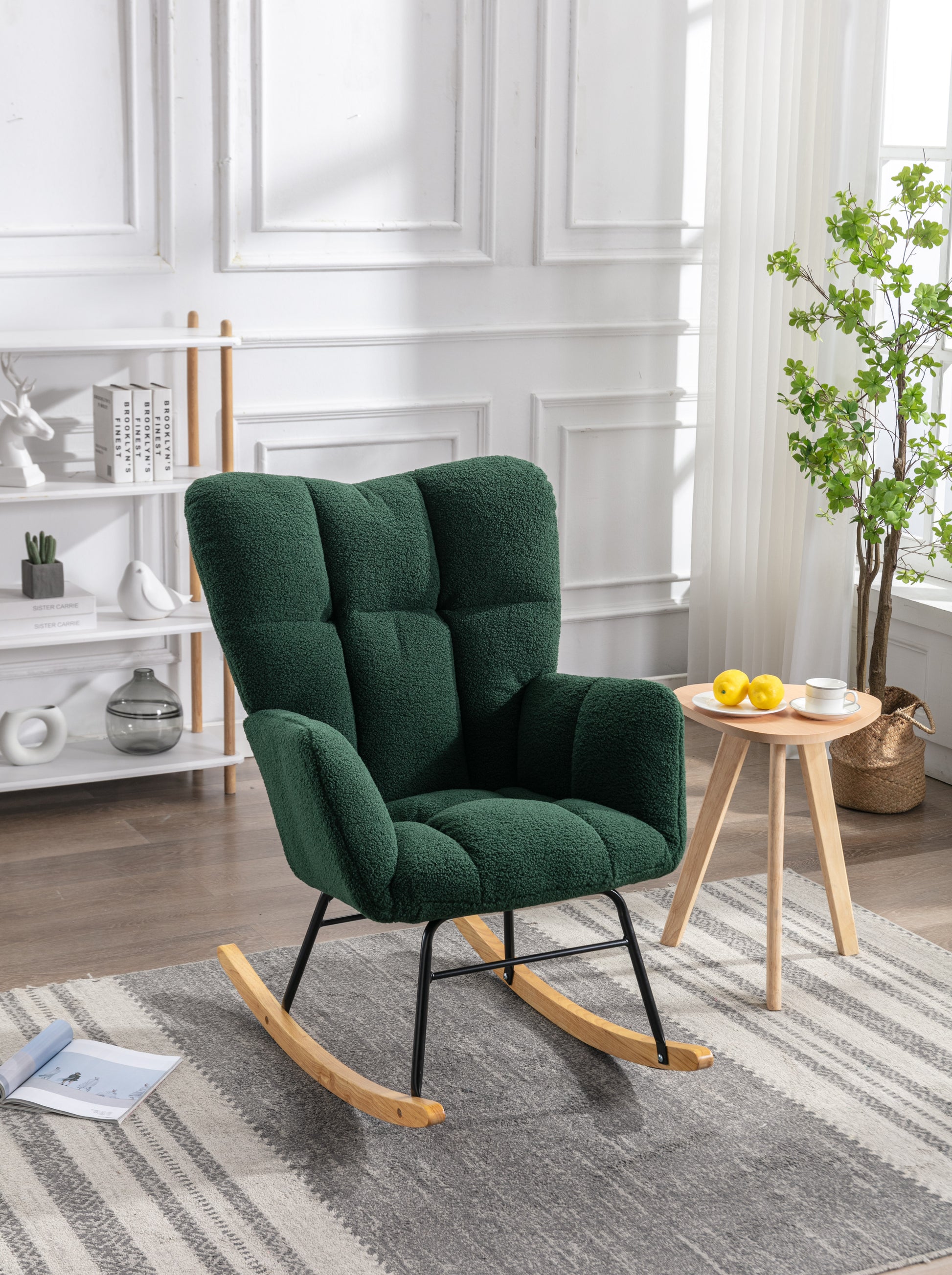 Mid Century Modern Teddy Fabric Tufted Upholstered Rocking Chair Padded Seat For Living Room Bedroom,Dark Green Dark Green Foam Wool