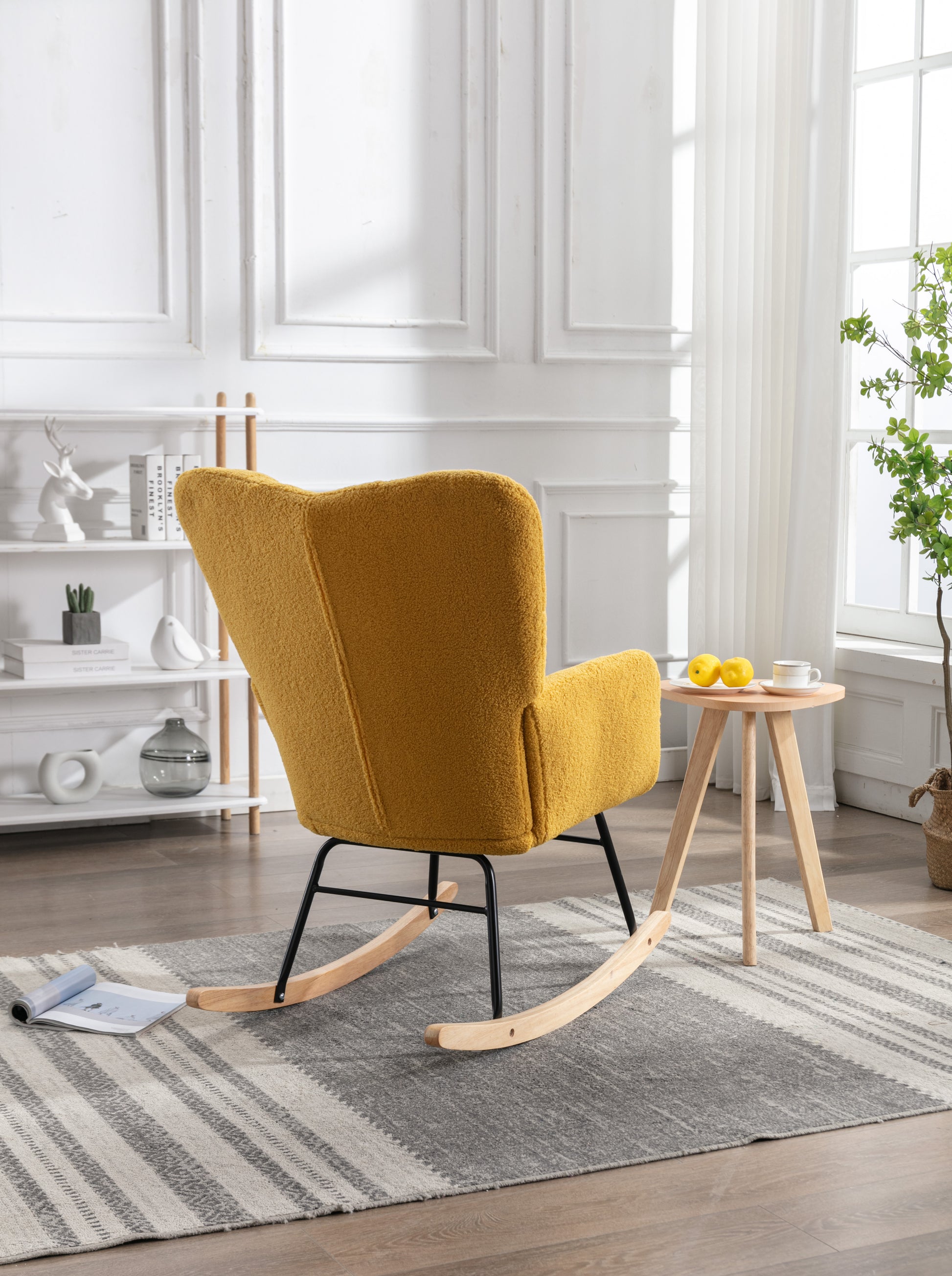 Mid Century Modern Teddy Fabric Tufted Upholstered Rocking Chair Padded Seat For Living Room Bedroom,Yellow Yellow Foam Wool
