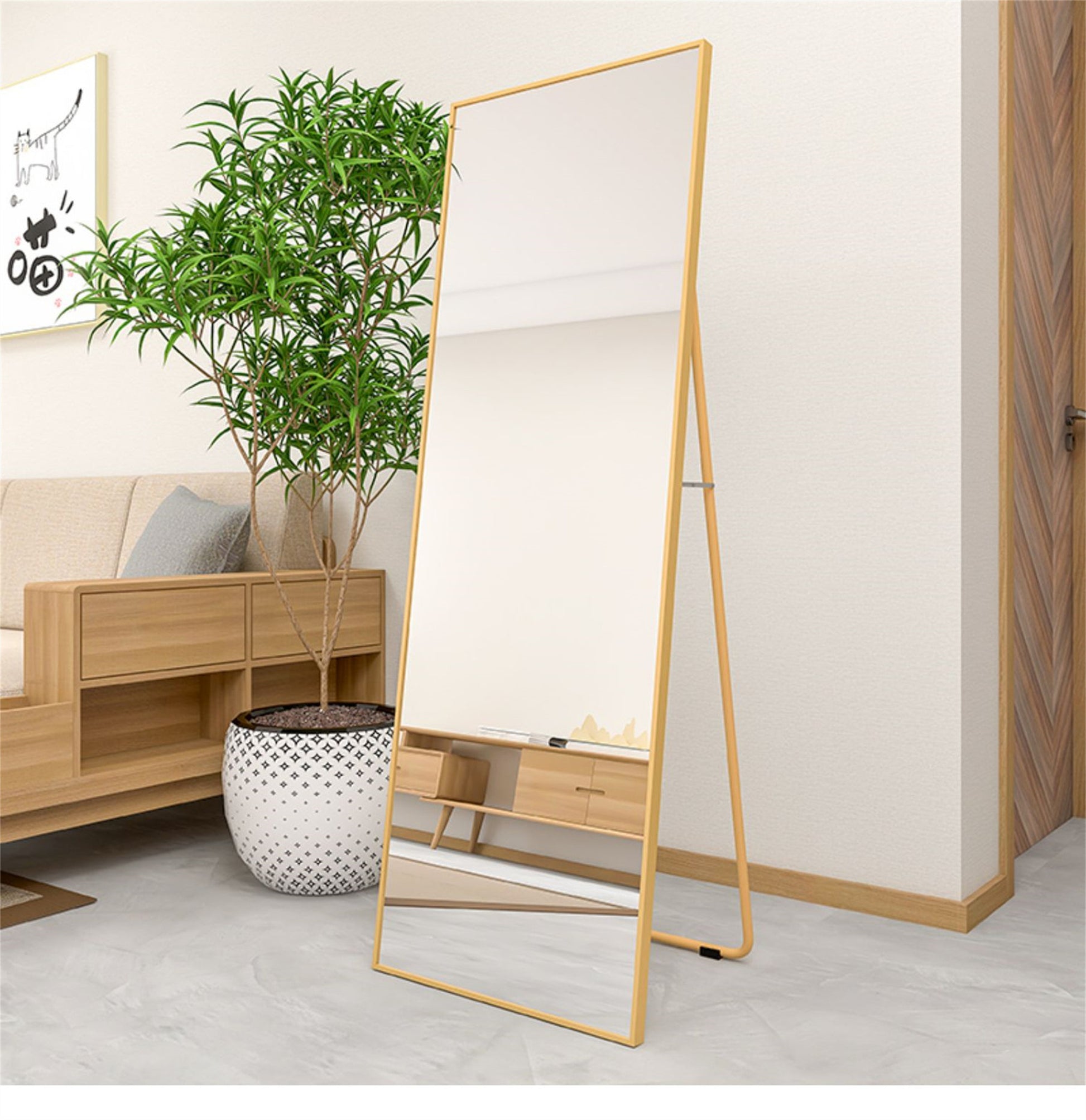 Wall Mounted Alloy Frame Full Length Mirror, Golden Golden Glass