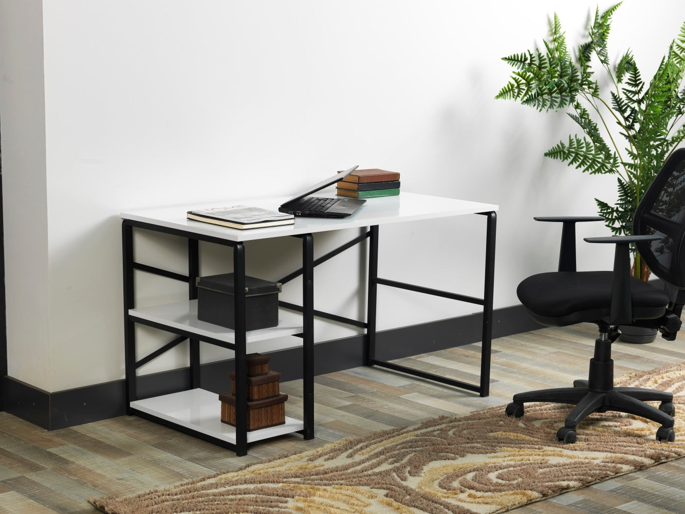 Furnish Home Store Sage Black Metal Frame 47" Wooden Top 2 Shelves Writing And Computer Desk For Home Office, White Black Solid Wood