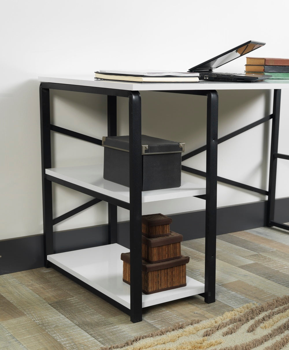 Furnish Home Store Sage Black Metal Frame 47" Wooden Top 2 Shelves Writing And Computer Desk For Home Office, White Black Solid Wood