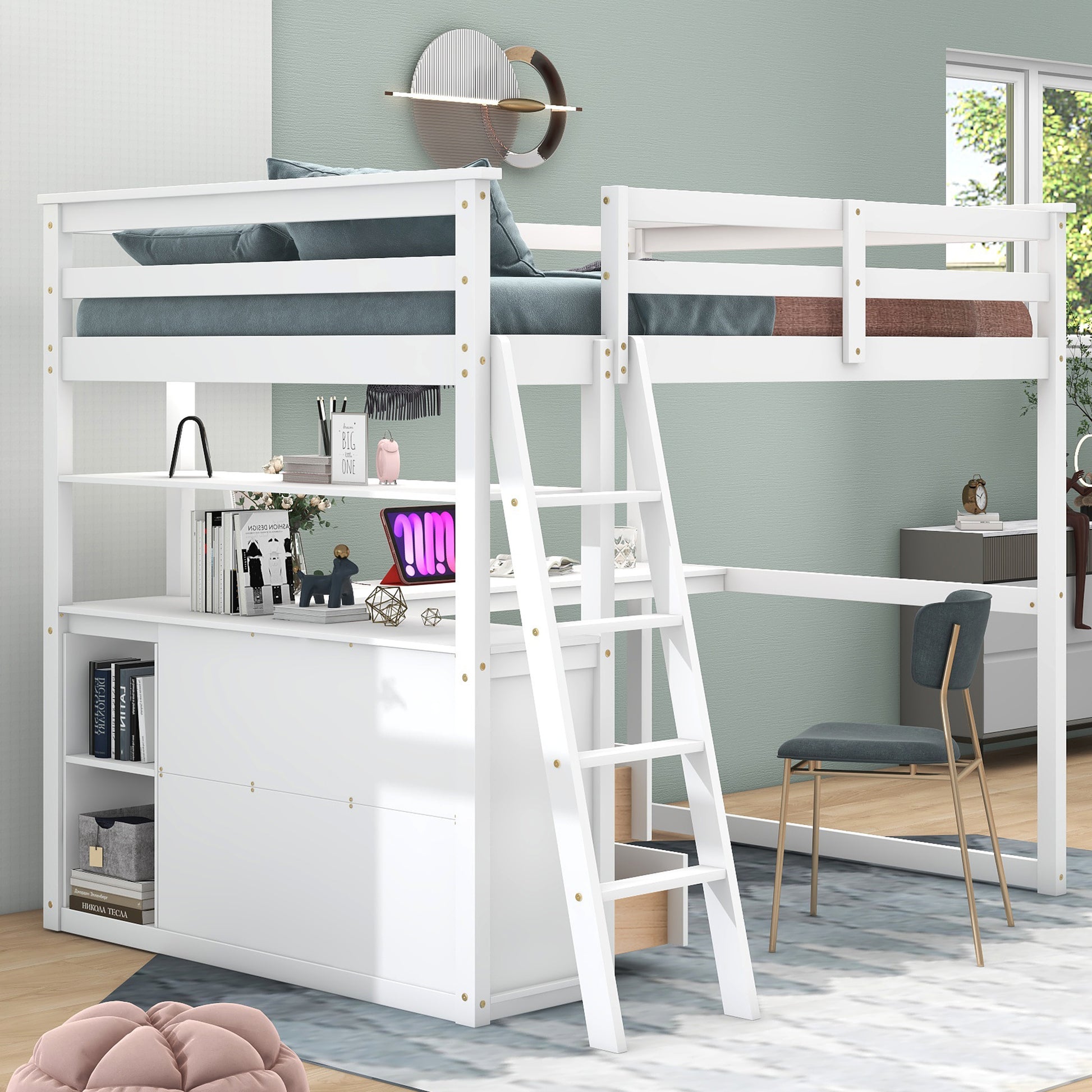 Full Size Loft Bed With Desk And Shelves,Two Built In Drawers,White White Pine