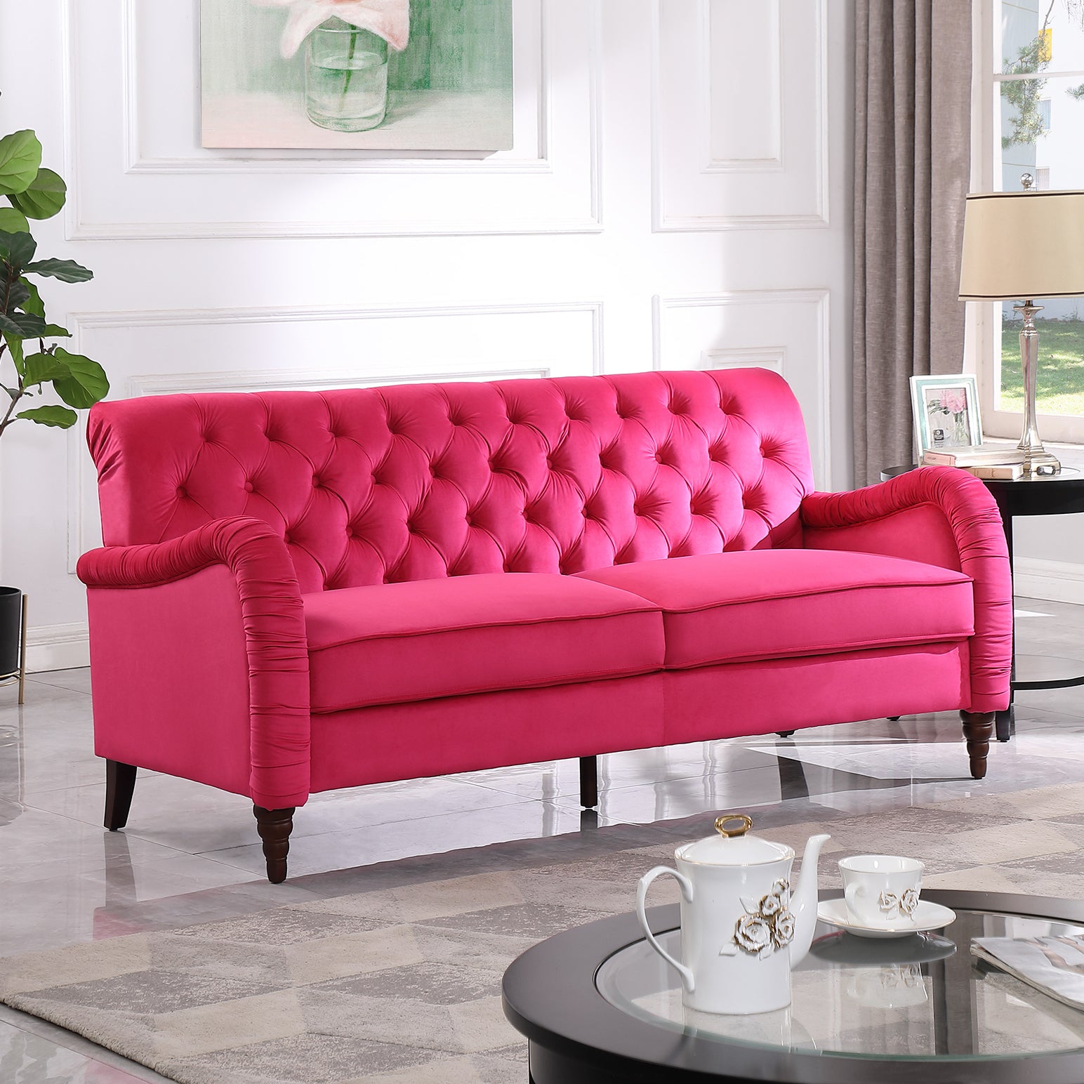 Rose Red Chesterfield 3 Seater ,Modern Sofa Rose Red Velvet